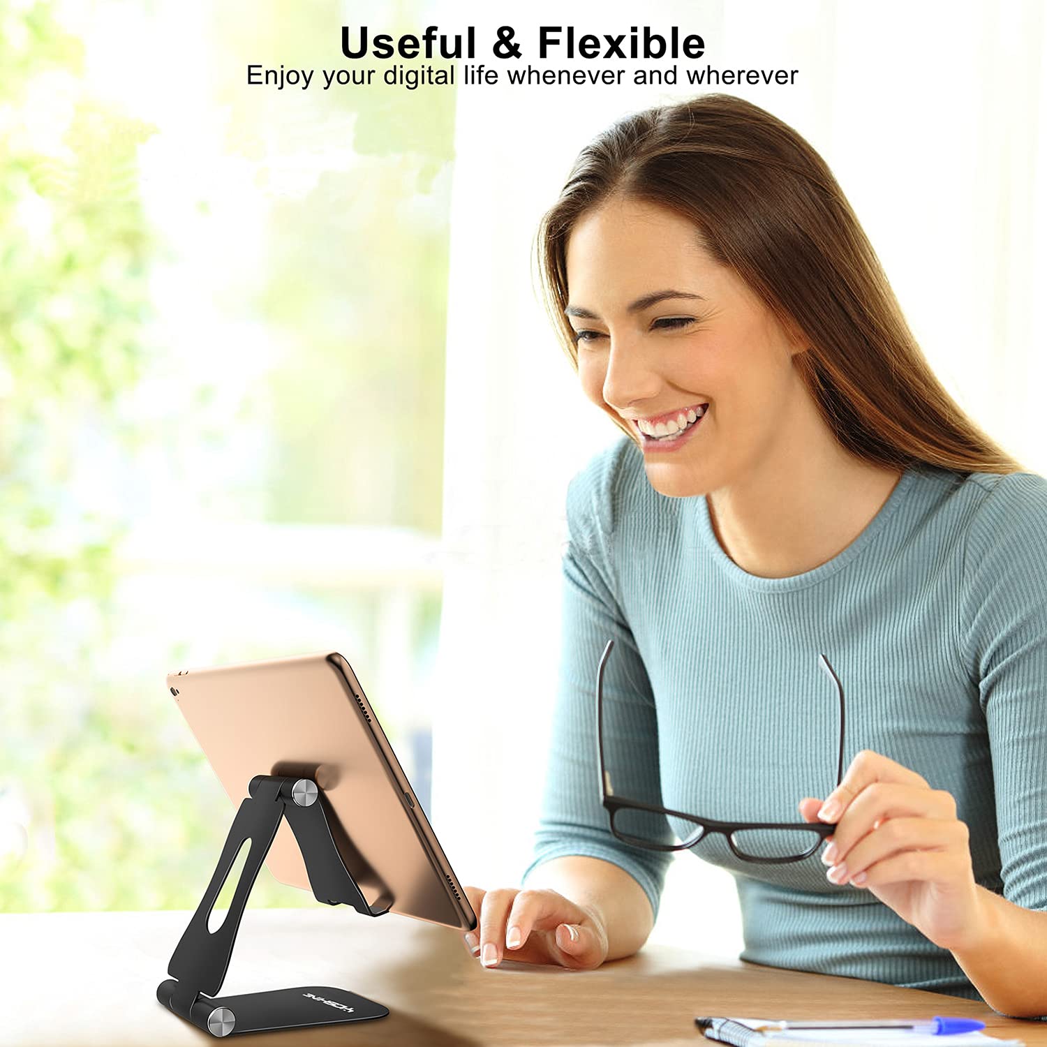 Upgraded Aluminum Phone Stand for Desk - Adjustable & Foldable Tablet Holder for iPhone, iPad, Smartphones 4-13 Inch - Portable Cradle Dock for Office, Home, Bedside, Travel (Black)