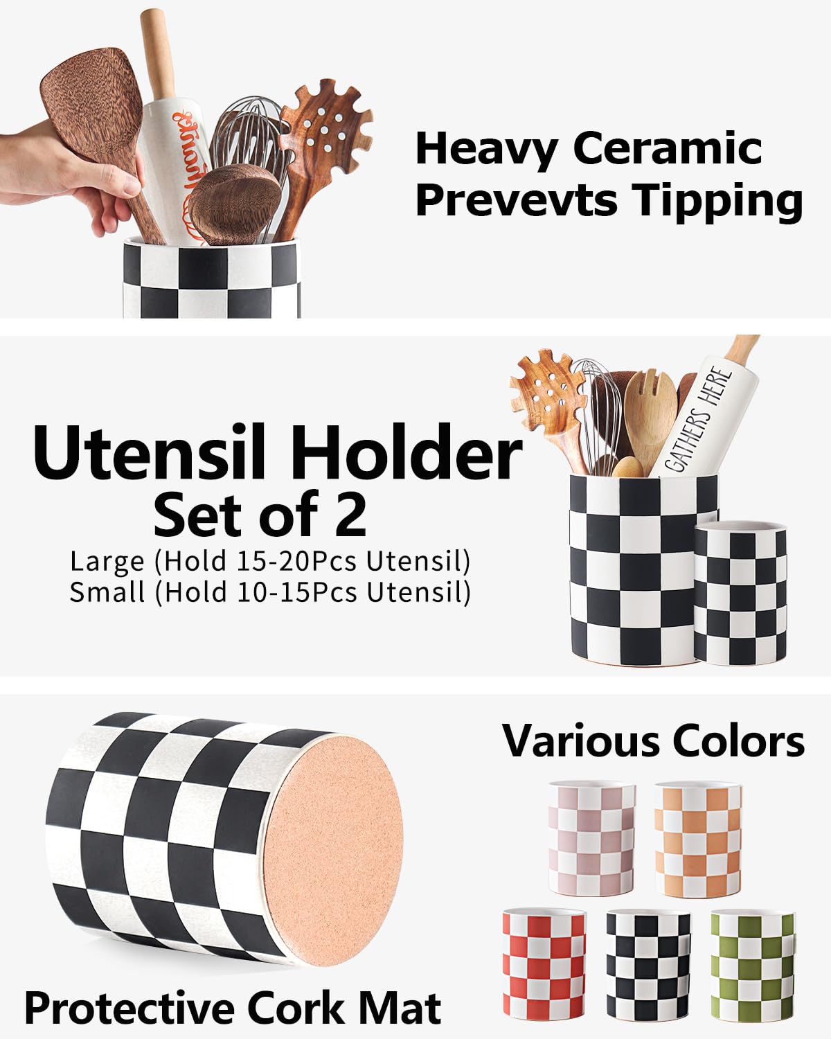 Black Checkered Ceramic Utensil Holder - 7.1