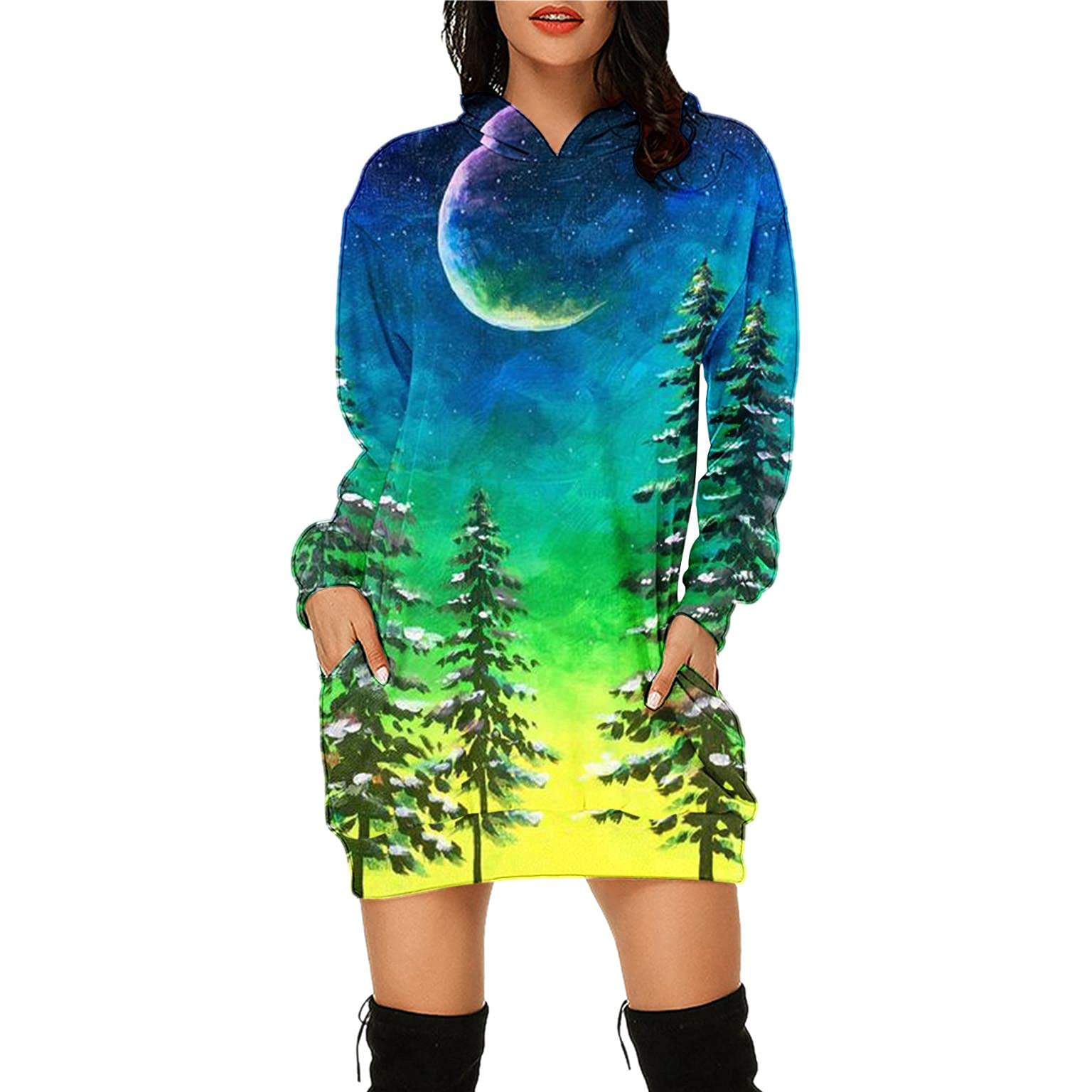 Women's Christmas Long Sleeve Hooded Sweatshirt with Pockets - Snowman Snowflake Print Pullover Hoodie Tunic Top Outfit for Holiday Parties & Winter Gatherings