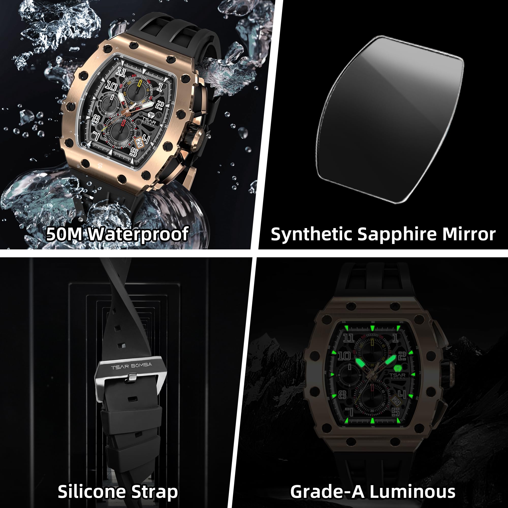 TSAR BOMBA Luxury Men's Watch - 50M Waterproof Tonneau Chronograph with Japanese Quartz Movement & Silicone Band - Perfect for Business, Casual & Outdoor Activities - Great Gift for Men