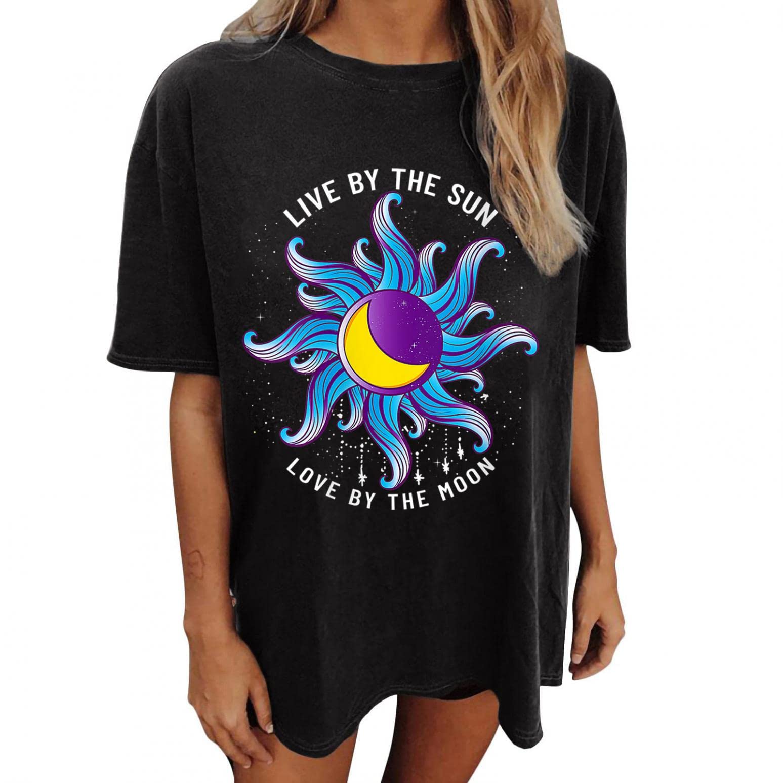 **Aayomet Women's Plus Size Casual Graphic T-Shirt - Sun and Moon Printed Short Sleeve Top for Everyday Wear & Street Fashion**