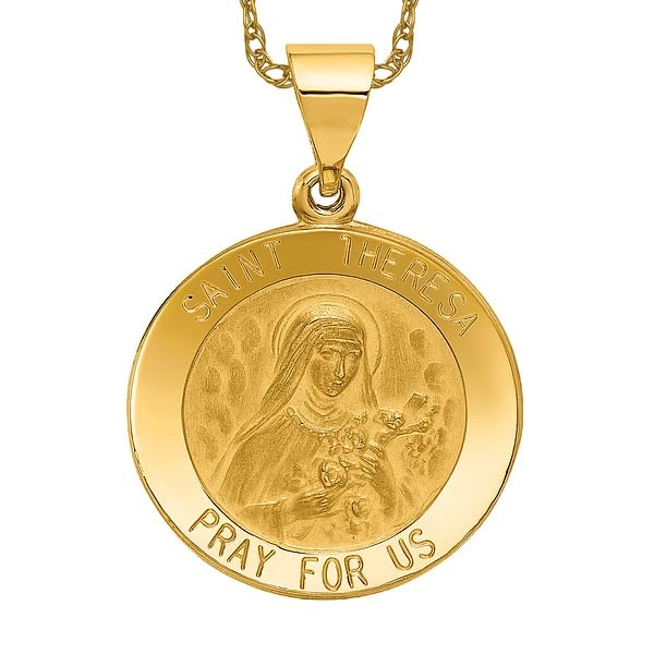 14K Solid Yellow Gold Saint Theresa Medal Necklace - Religious Pendant Charm for Women - Perfect for Baptism, First Communion & Everyday Faith Jewelry