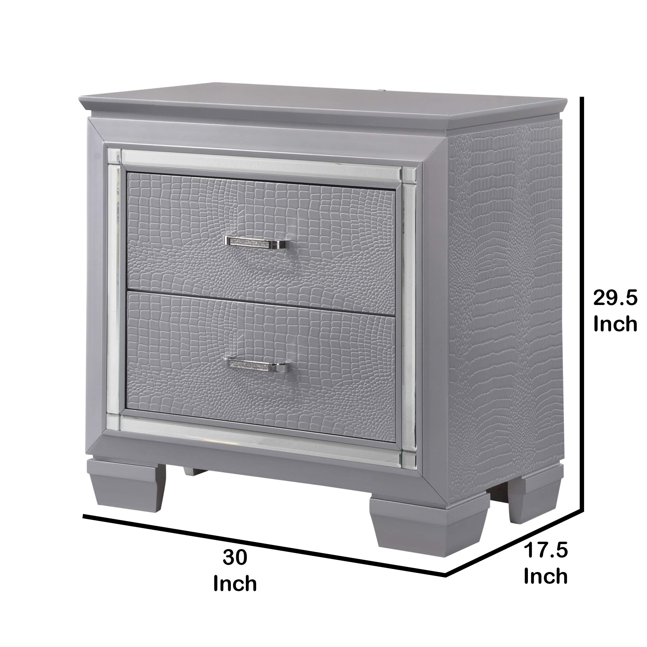 Benjara Gray Wooden Nightstand with 2 Drawers, Textured Details & Mirror Accents - Perfect for Bedroom, Living Room or Guest Room Storage & Decor