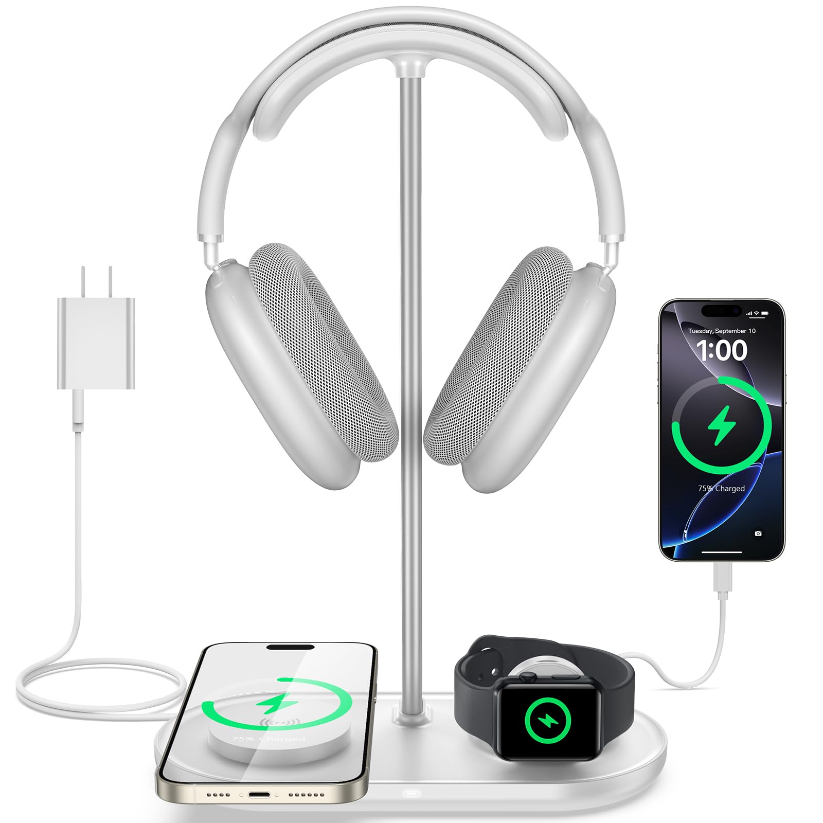 TopMade 5-in-1 Universal Headphone Stand with Wireless Charger & USB Port - Compatible with iPhone, AirPods, iWatch, AirPods Max, Bose, Beats, Razer & More - Perfect for Gaming Setup, Office Desk & Home Organization (White)