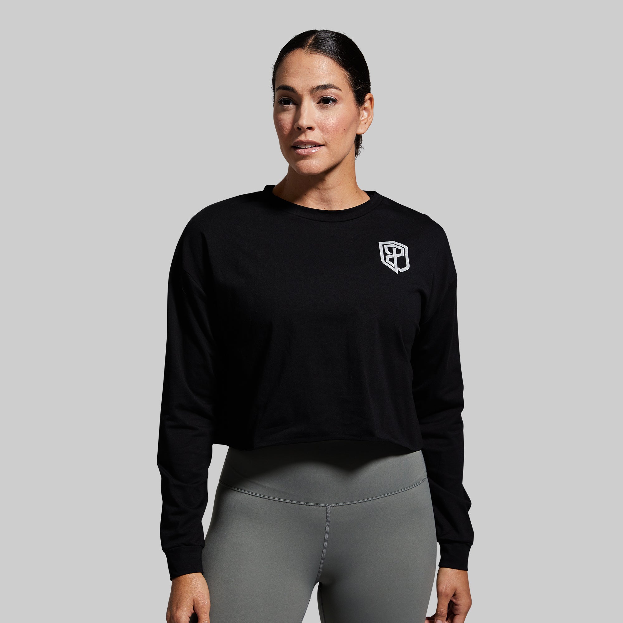 Women's Workout Training Crop Long Sleeve Shirt - Black - Yoga, Gym & Running Performance Top
