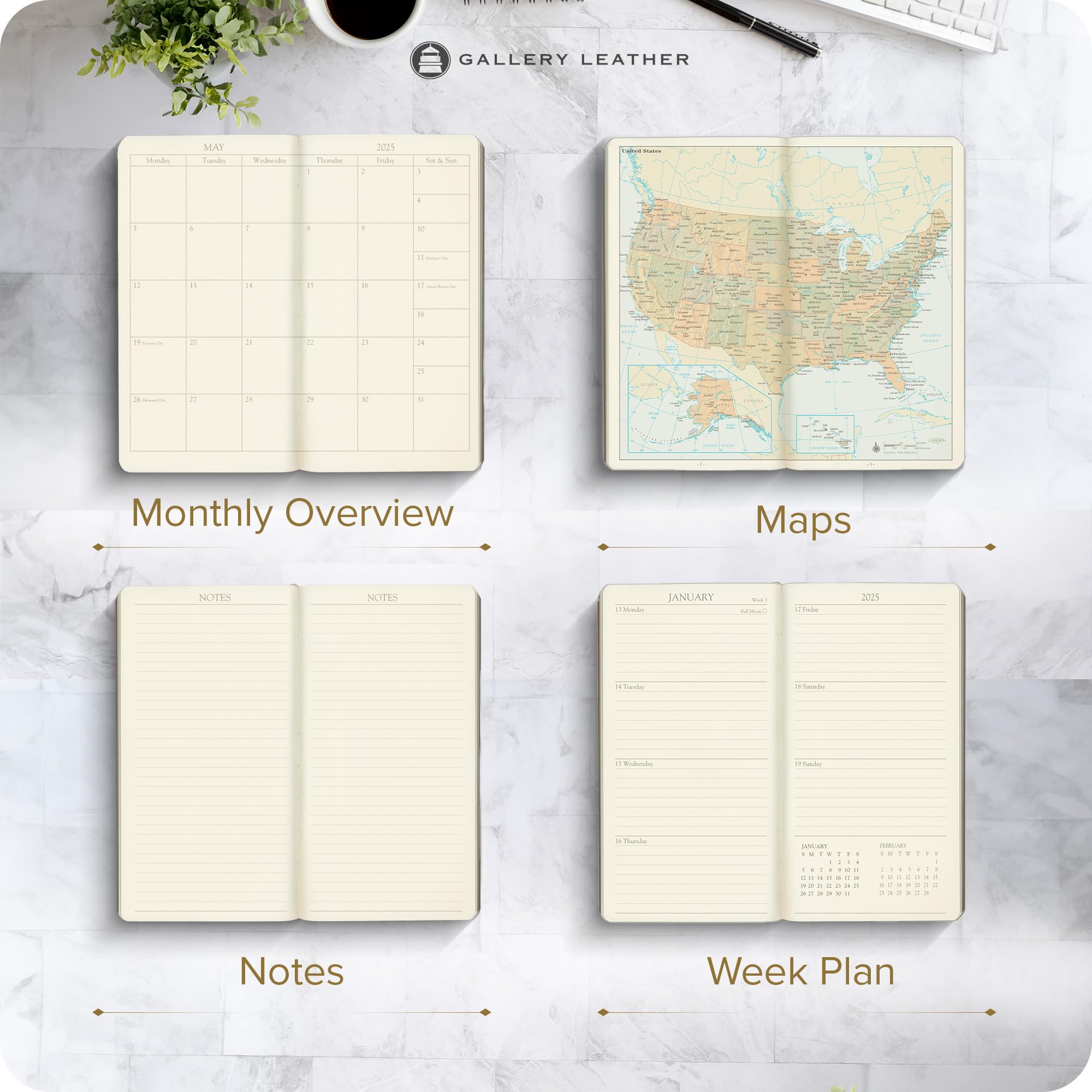 2025 Gallery Leather Pocket Weekly & Monthly Planner - Elegant Bound Calendar Notebook with Gold-Gilded Edges, 6 x 3.25 Inches, Acadia Black | Perfect for Business Professionals, Students & Daily Organizing