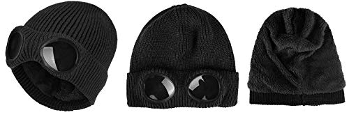 BIGFOOT Winter Beanie Hat with Goggles - Ribbed Knit Cuff Unisex Black Skiing Snowboarding Outdoor Activities