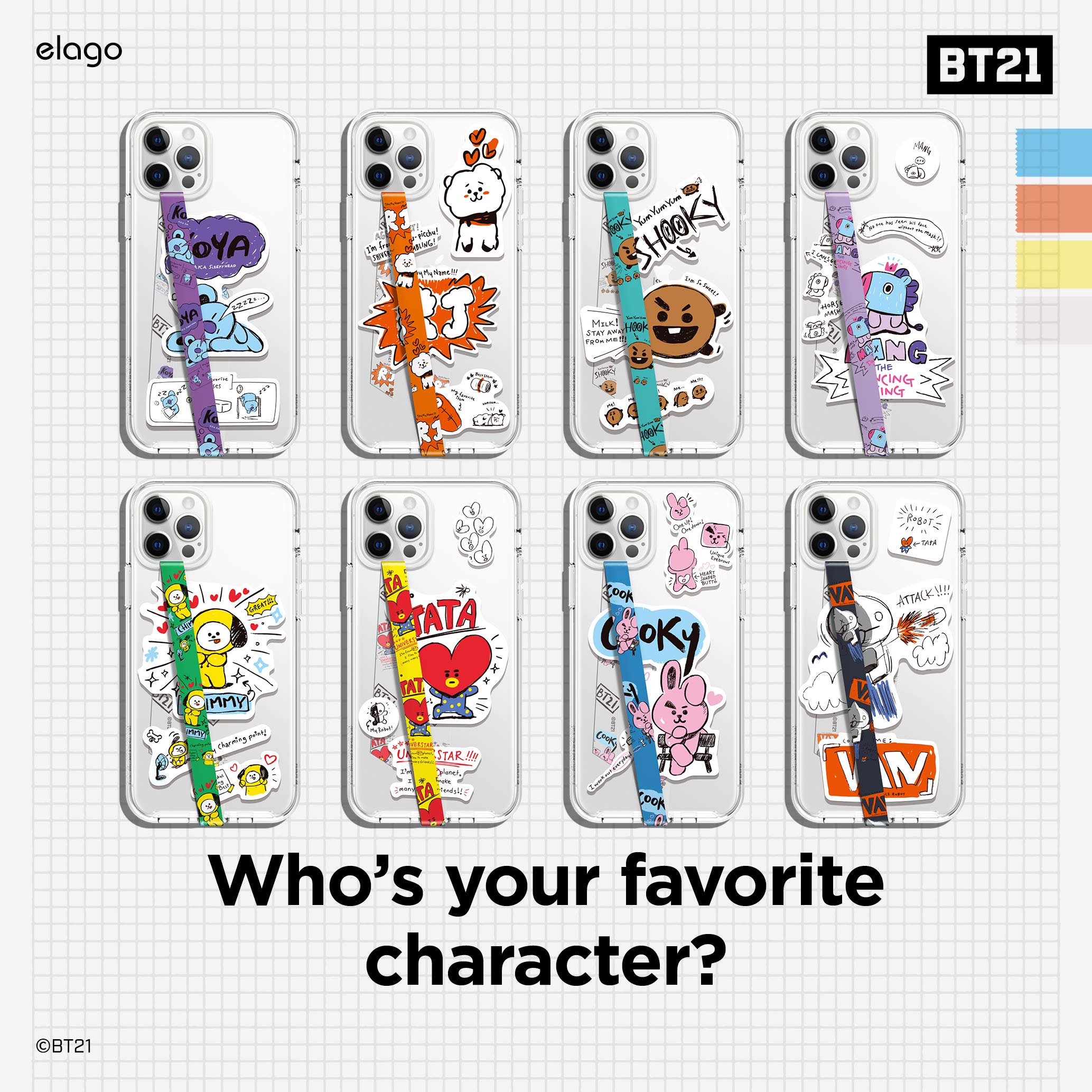 elago BT21 Phone Strap with Stickers - Double Sided Phone Loop & Grip for All Smartphone Cases, MagSafe Compatible Official Merchandise (VAN) - Perfect for Everyday Use, Travel, and Secure Phone Handling
