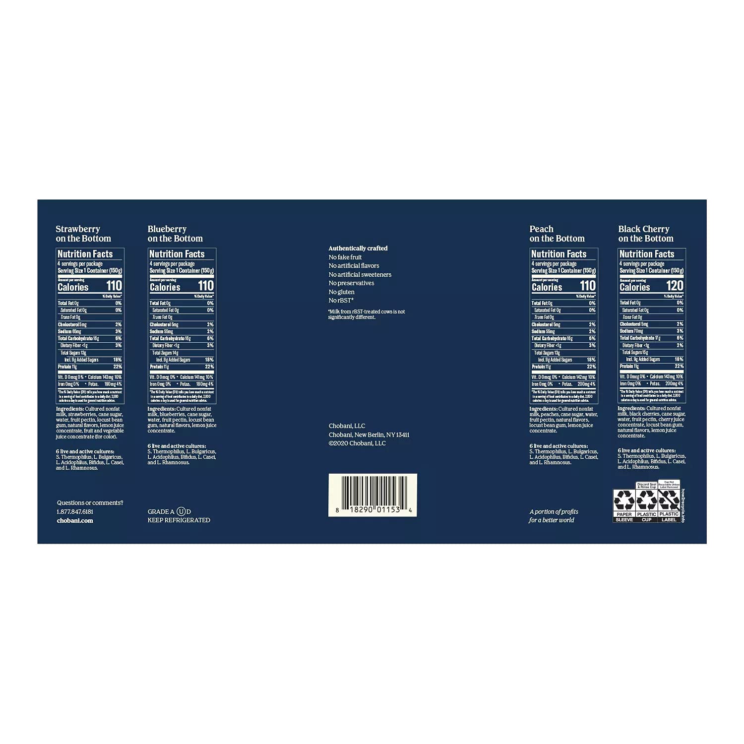 Chobani Nonfat Greek Yogurt Variety Pack with Fruit on Bottom - 4 Flavors: Strawberry, Blueberry, Peach & Black Cherry (32 Cups Total, 2 Packs of 16) - Healthy Snack for Breakfast, Lunch Boxes & Office Break