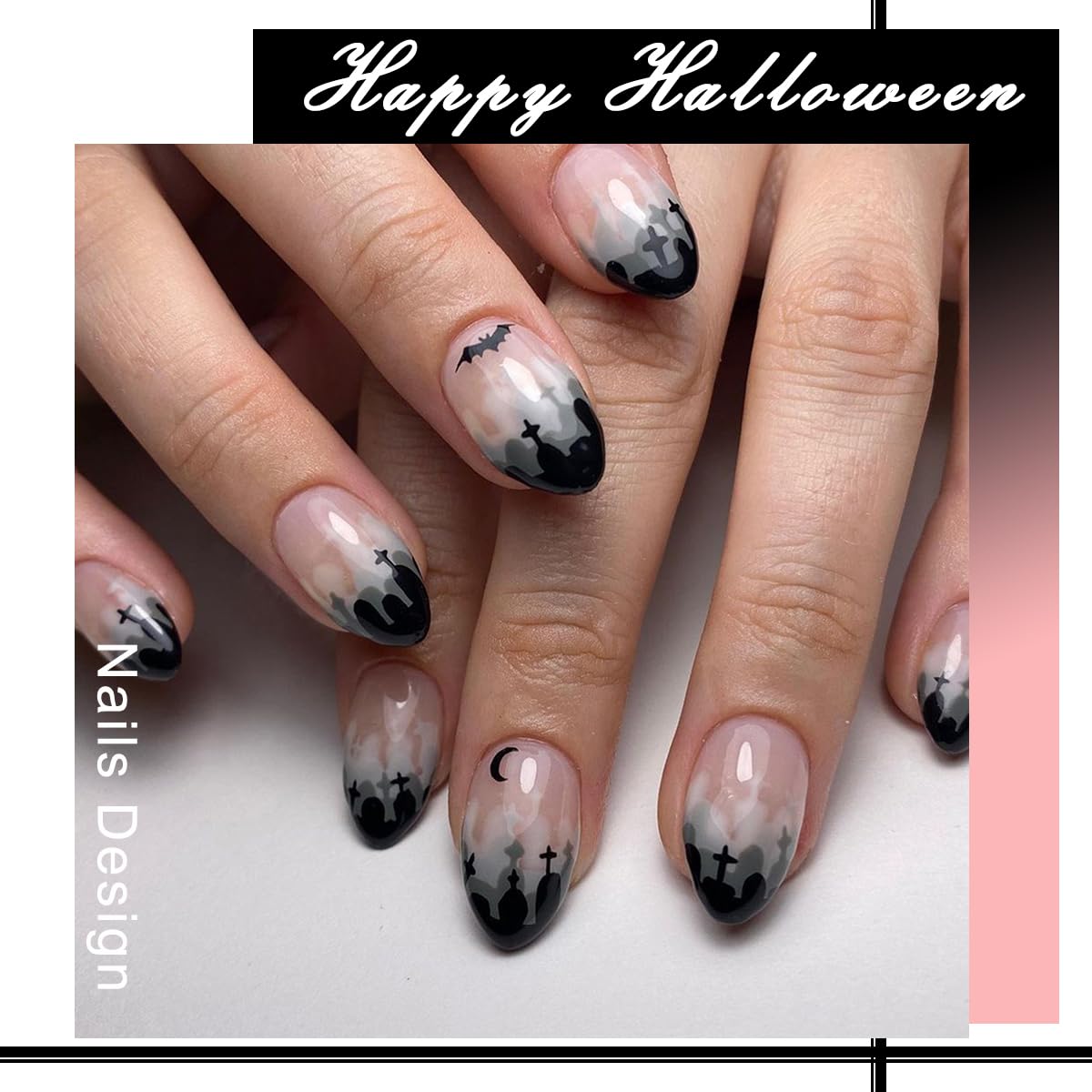 24pcs Halloween Press on Nails Short Black Almond Fake Nails - Full Cover Acrylic False Nails with Glue for Manicure Decor | Perfect for Halloween Parties, Cosplay & Daily Wear