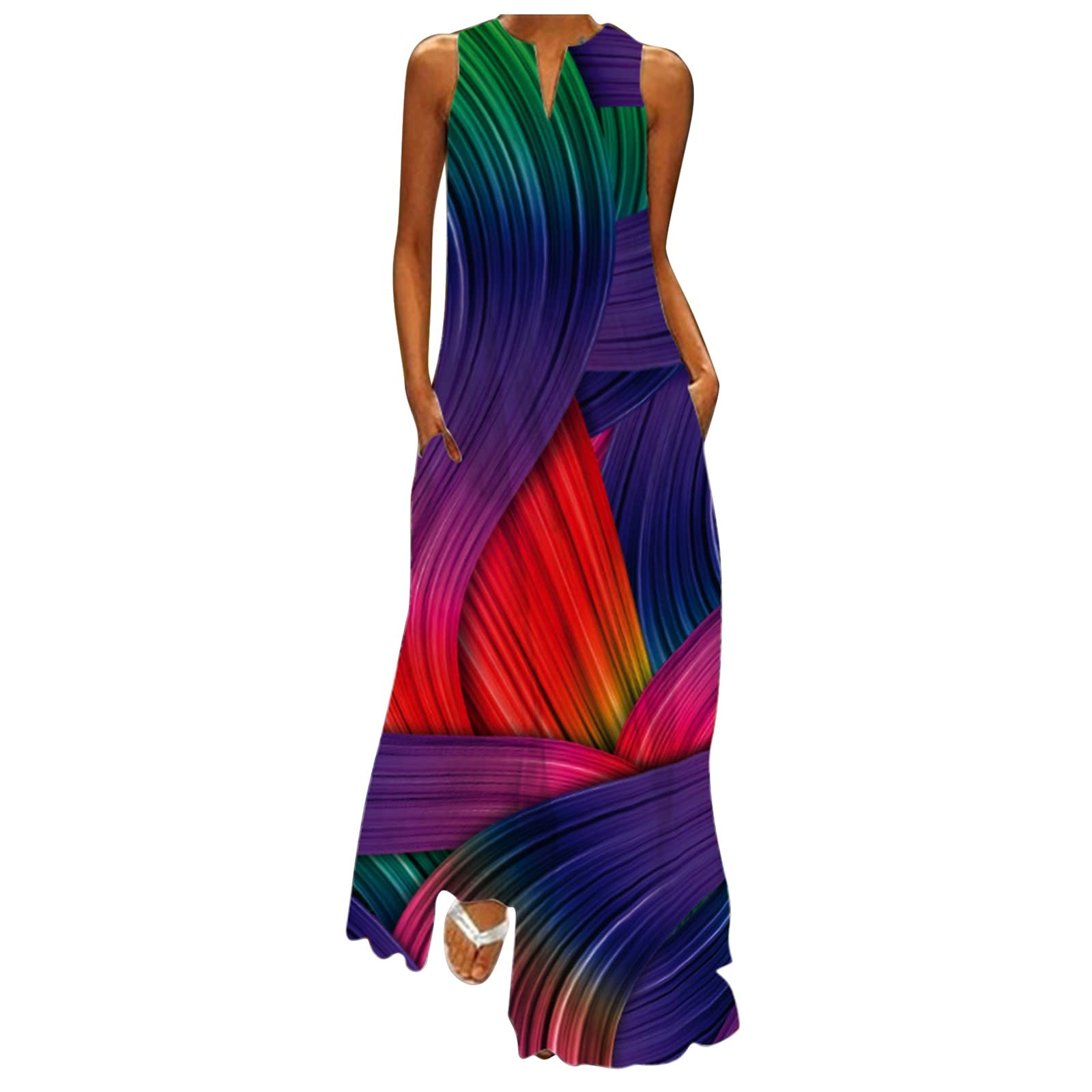 Plus Size Women's Casual Summer Floral Printed Dress - Loose Fit Sleeveless Maxi Dress with Pockets | Perfect for Beach Vacations, Outdoor Parties & Everyday Comfort Wear