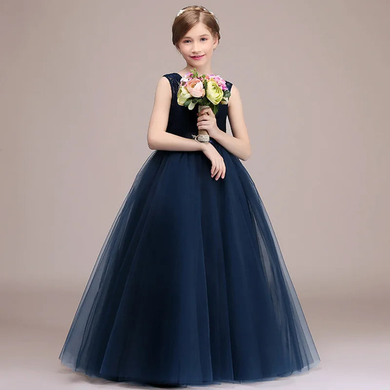 Navy Blue Lace Tulle Flower Girl Dress - Sleeveless Princess Gown for Kids | Perfect for Weddings, Baptisms & Special Occasions