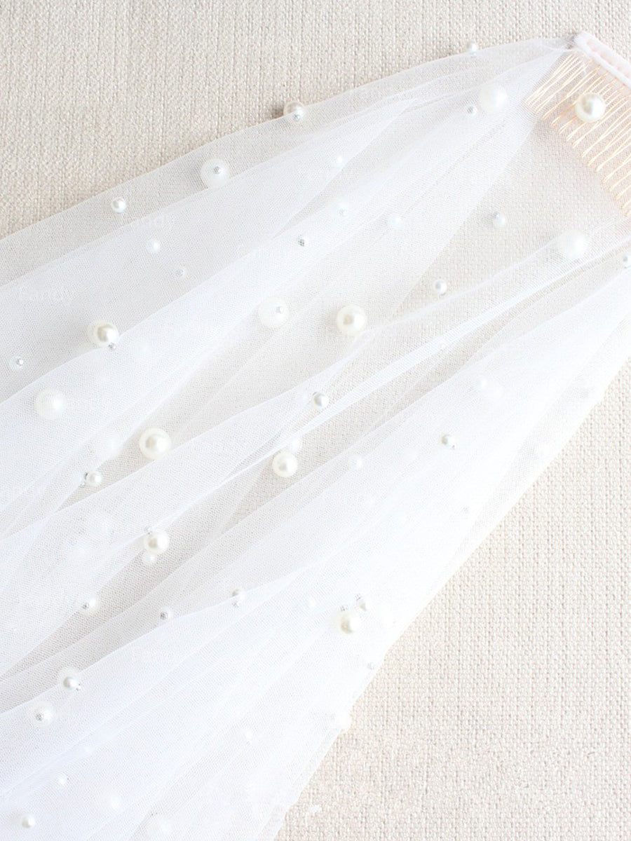 2 Layers Tulle Midi Wedding Veil With Pearls - Elegant Bridal Accessory for Wedding Ceremony & Photography - V607xmj