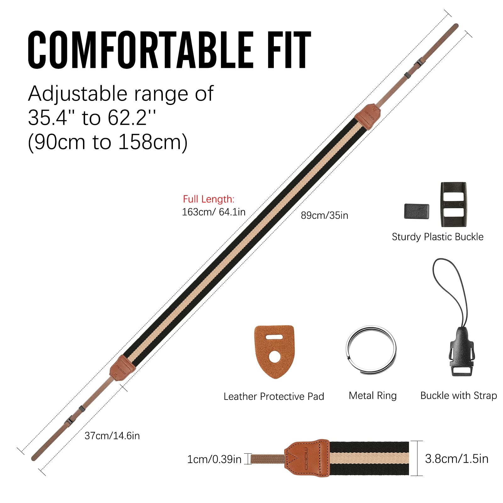 MoKo Adjustable Cotton Woven Camera Strap - Universal Neck & Shoulder Strap for DSLR, SLR, Mirrorless Cameras (Nikon/Canon/Sony/Panasonic) & Binoculars - Comfortable & Durable (Black & Beige) - Perfect for Travel, Photography & Outdoor Adventures