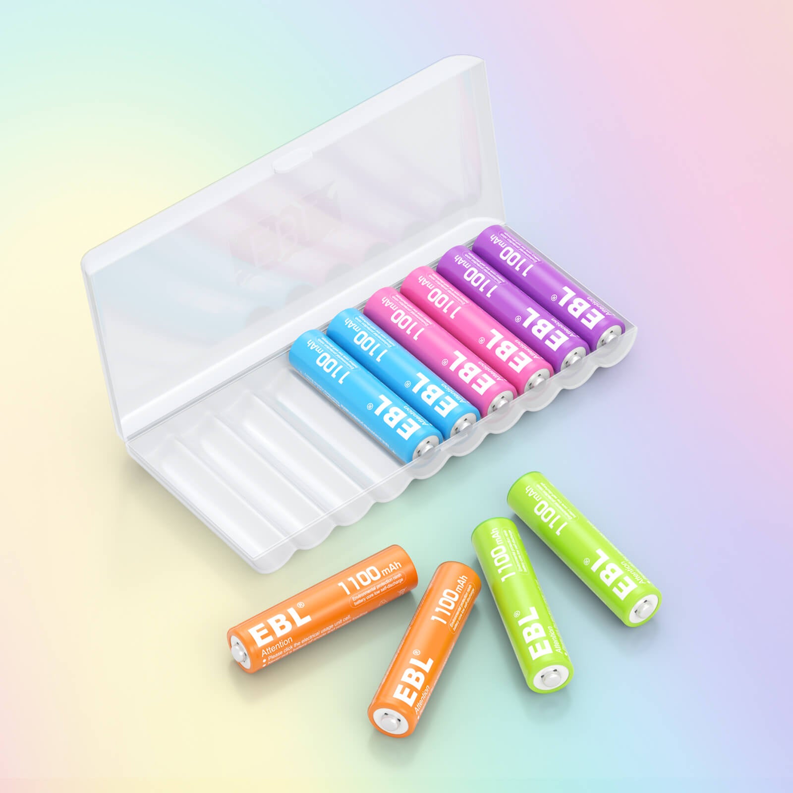 EBL 10-Pack Rainbow AAA Rechargeable Batteries 1.2V 1100mAh Ni-MH - Long Lasting Power for Toys, Flashlights, Remote Controls & Electronics