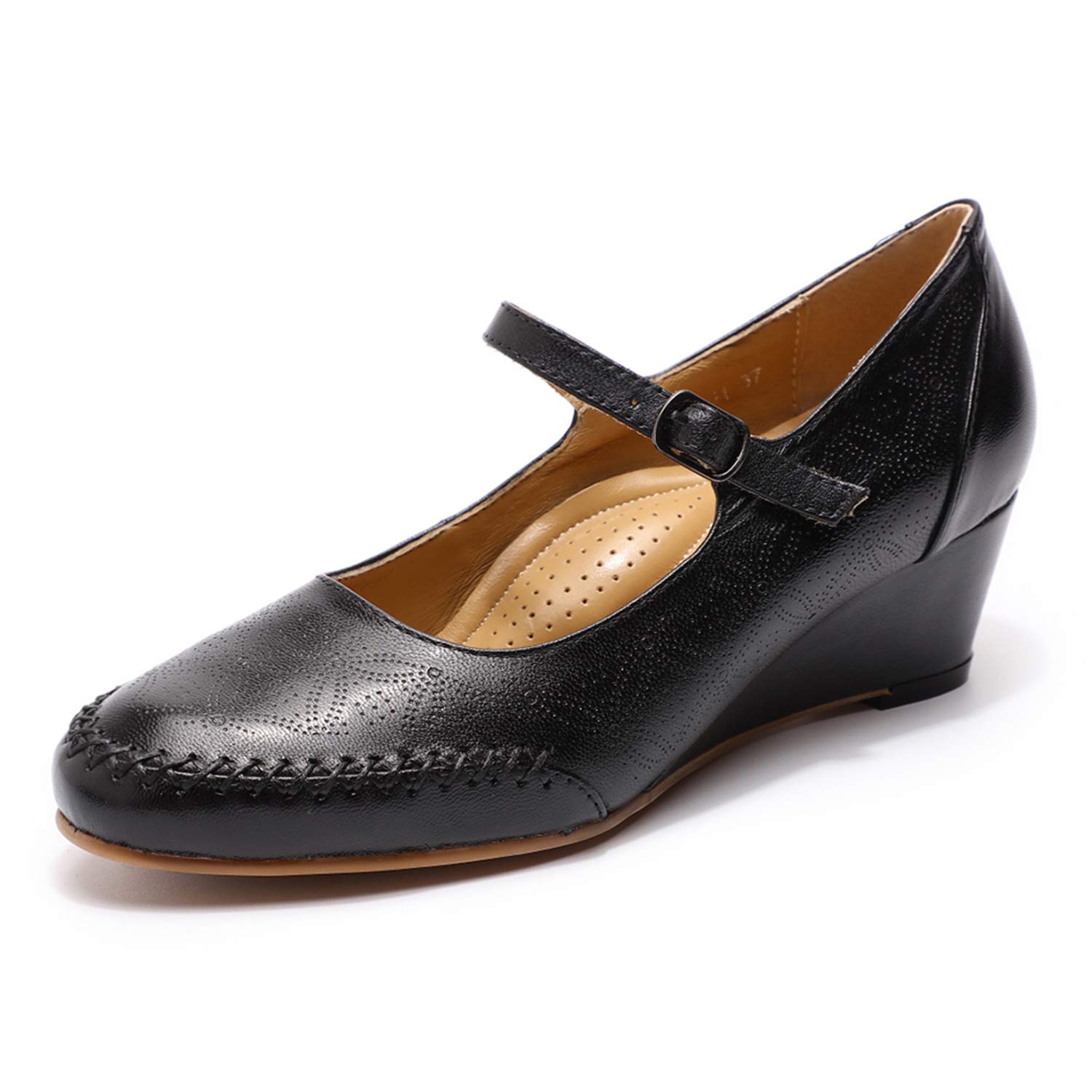 Women's Leather Mary Jane Wedge Pumps - Closed Toe Round Toe Mid Heel Dress Shoes for Ladies | Comfortable & Stylish for Work, Parties & Formal Events