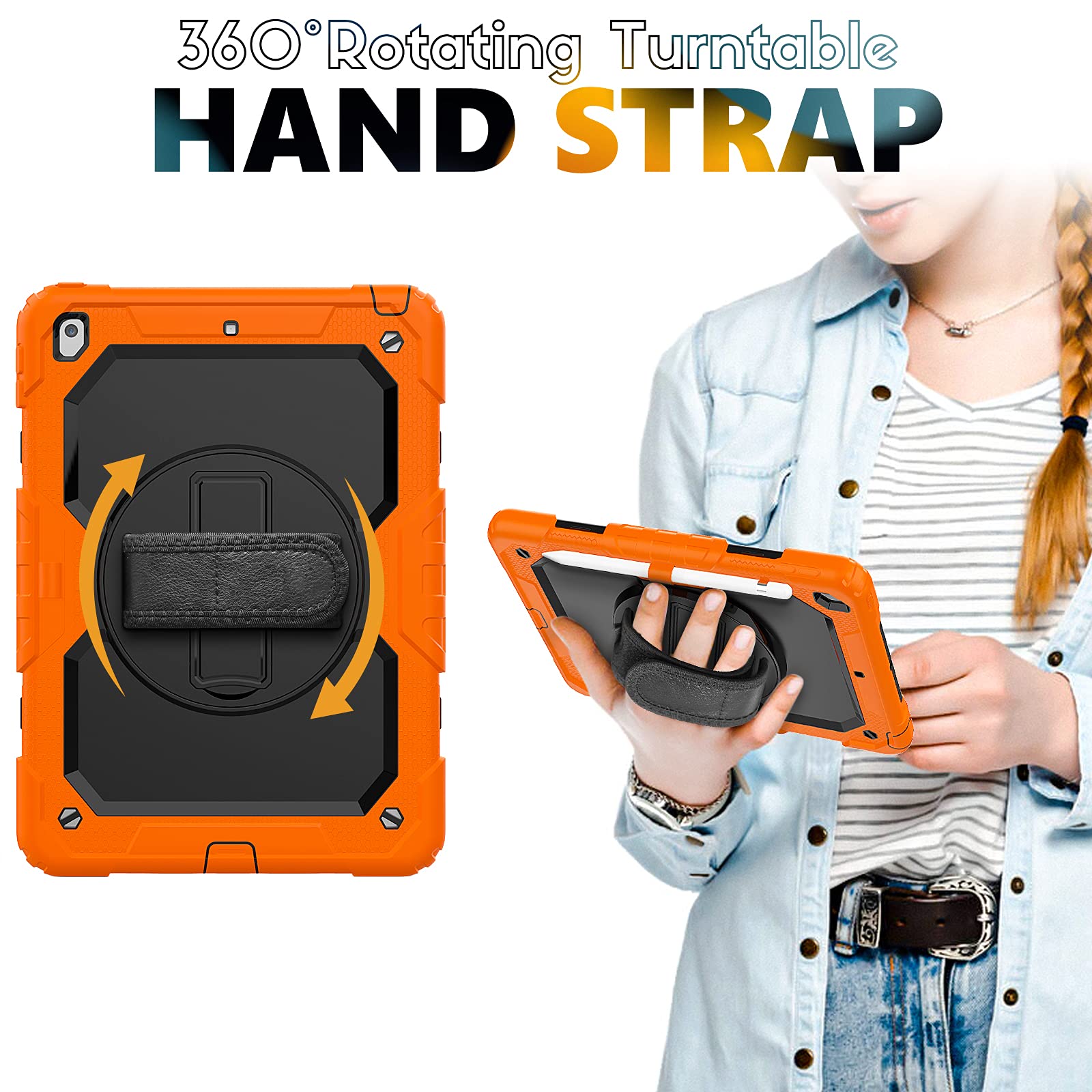 Shockproof Rugged Case for iPad 10.2 Inch (7th/8th/9th Gen) with Screen Protector, Pencil Holder & Kickstand - Durable Protective Cover for Kids Boys Girls - Black & Orange | Perfect for School, Travel & Outdoor Activities