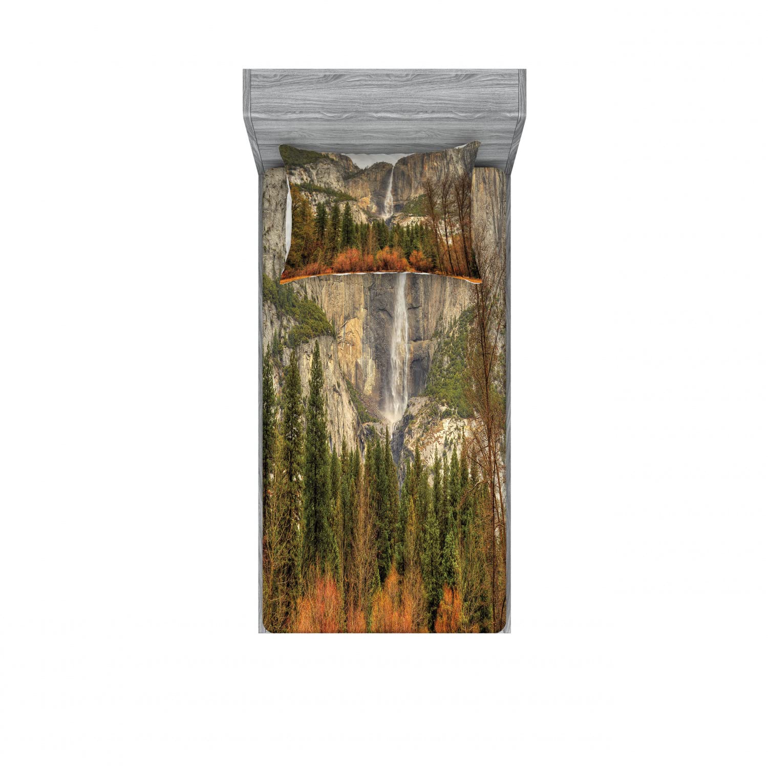Ambesonne 2-Pack Twin Fitted Sheet & Pillow Sham Set - Yosemite Falls Forest Print, Orange & Green 4-Piece Bedding Set (2 Fitted Sheets + 2 Pillow Covers) | Nature-Inspired Bedroom Decor for Kids, Teens & Guest Rooms