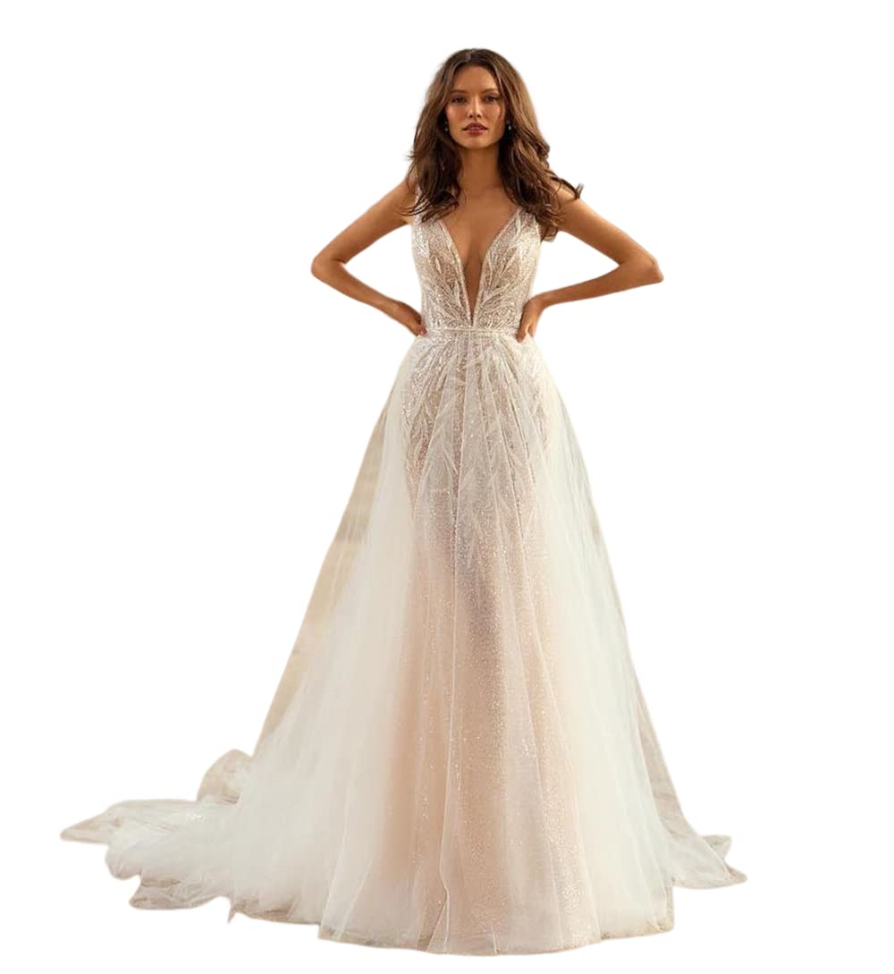 Elegant Sleeveless V-Neck A-Line Wedding Dress with Glitter Details - Boho Bridal Gown for Beach, Garden & Outdoor Ceremonies