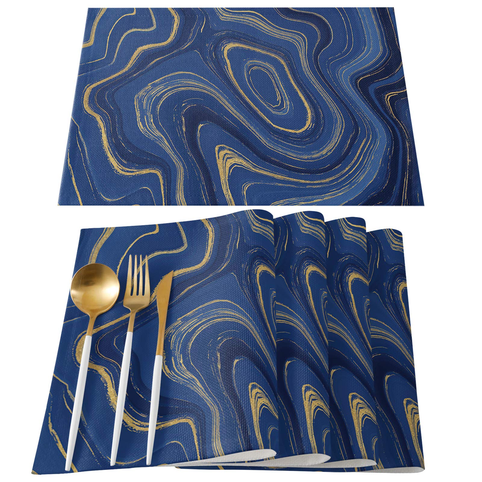 Premium Linen Burlap Placemats Set of 6 - Non-Slip Heat-Resistant Table Mats for Dining, Kitchen & Party Decor | Blue & Yellow Marble Abstract Design | Easy to Clean & Durable | Perfect for Everyday Use, Dinner Parties & Holiday Gatherings