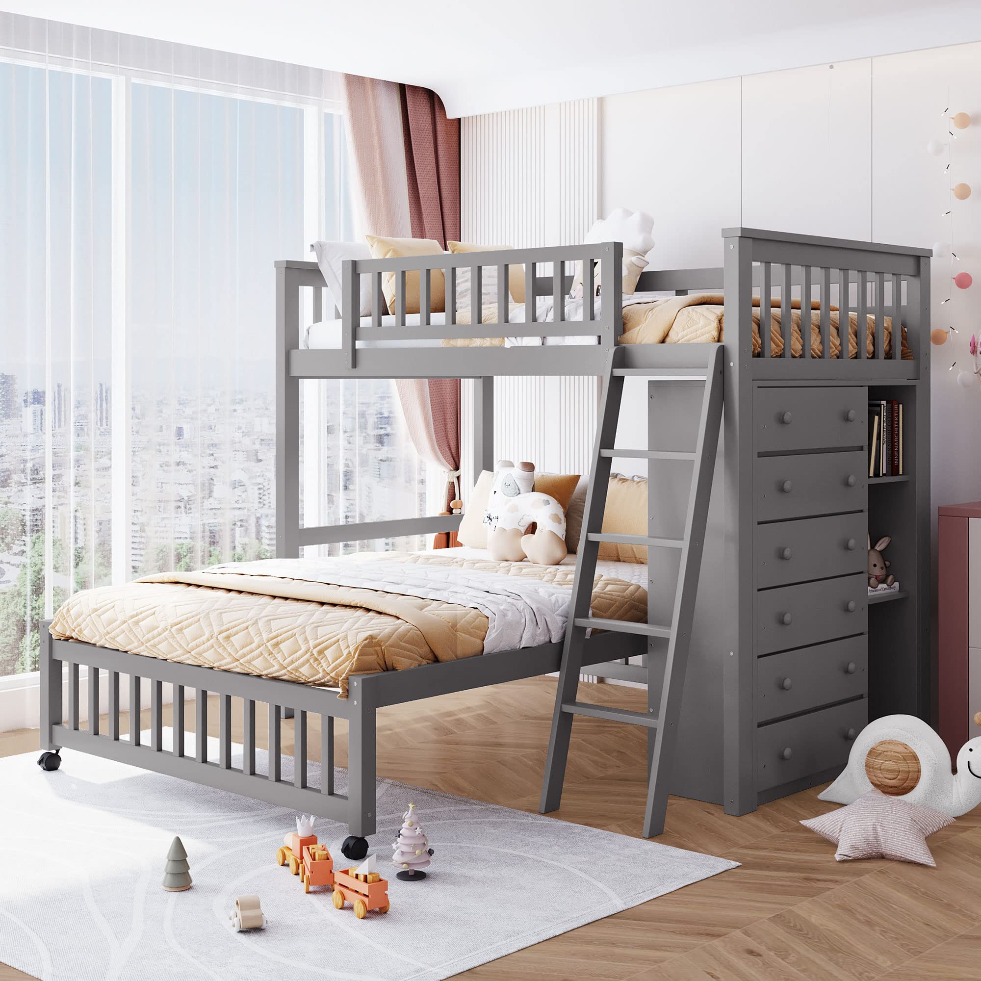 Twin Over Full Bunk Bed with Storage - Solid Wood Bunk Bed with 6 Drawers & 3 Adjustable Shelves, Convertible Loft Bed with Rolling Lower Bed for Kids, Teens & Adults - Space-Saving Bedroom Solution for Small Rooms, Guest Rooms & Dormitories (Gray)