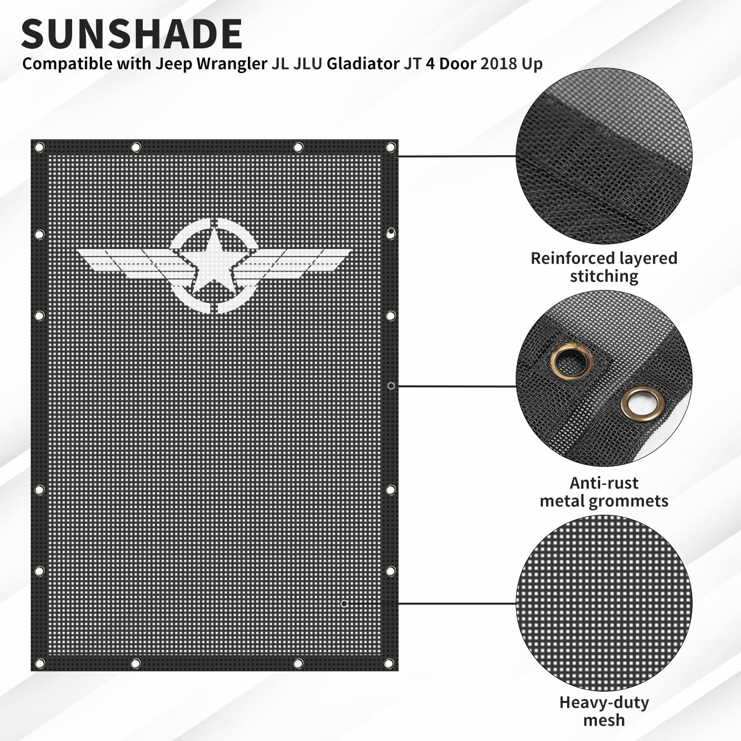 Jeep JLU Sunshade Mesh Top Cover - UV Protection Shade for Jeep Wrangler JLU 2018+ & Gladiator JT 2020+ | Bikini Top Black Star Wings (4-Door) | Perfect for Off-Roading, Beach Trips & Summer Adventures