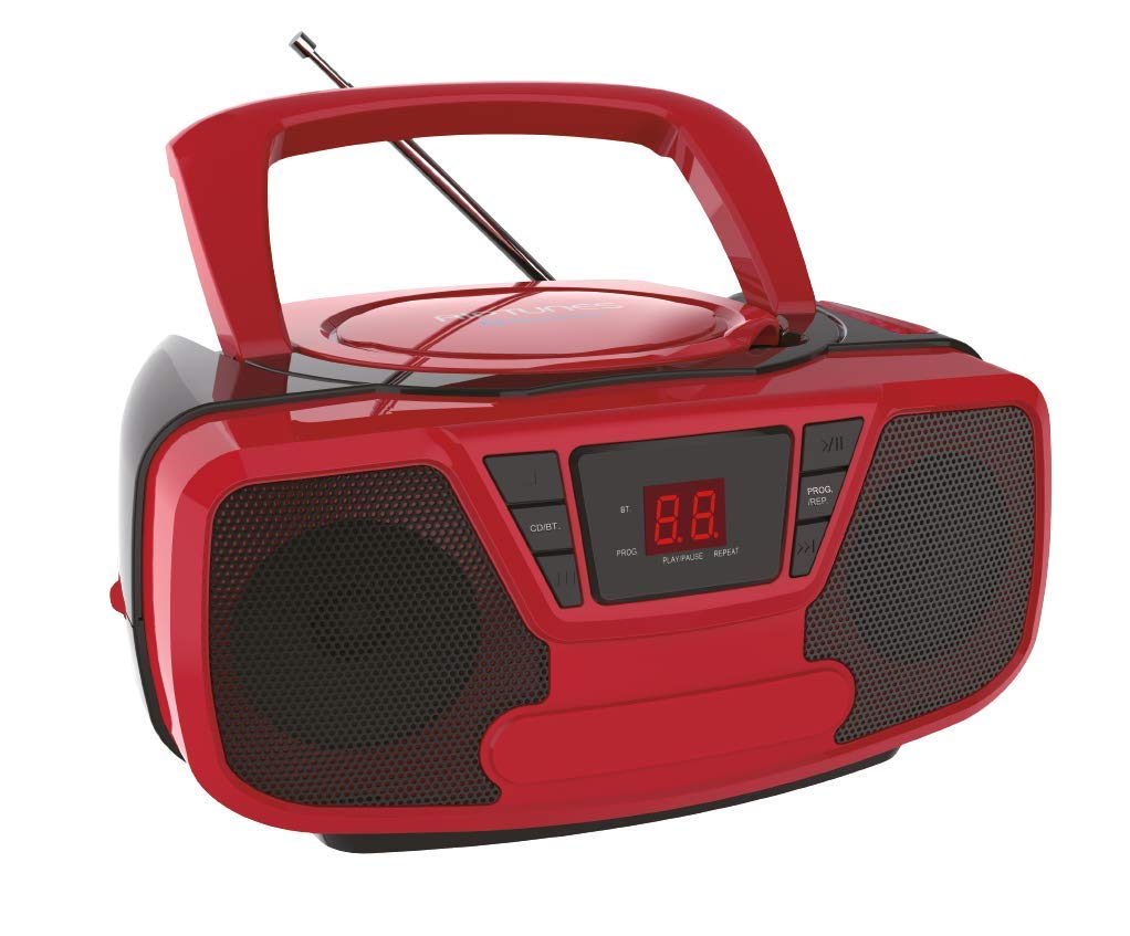 Portable Bluetooth Boombox with CD Player, AM/FM Radio & AUX Input - Red and Black Wireless Speaker for Outdoor Parties, Beach, and Home Use