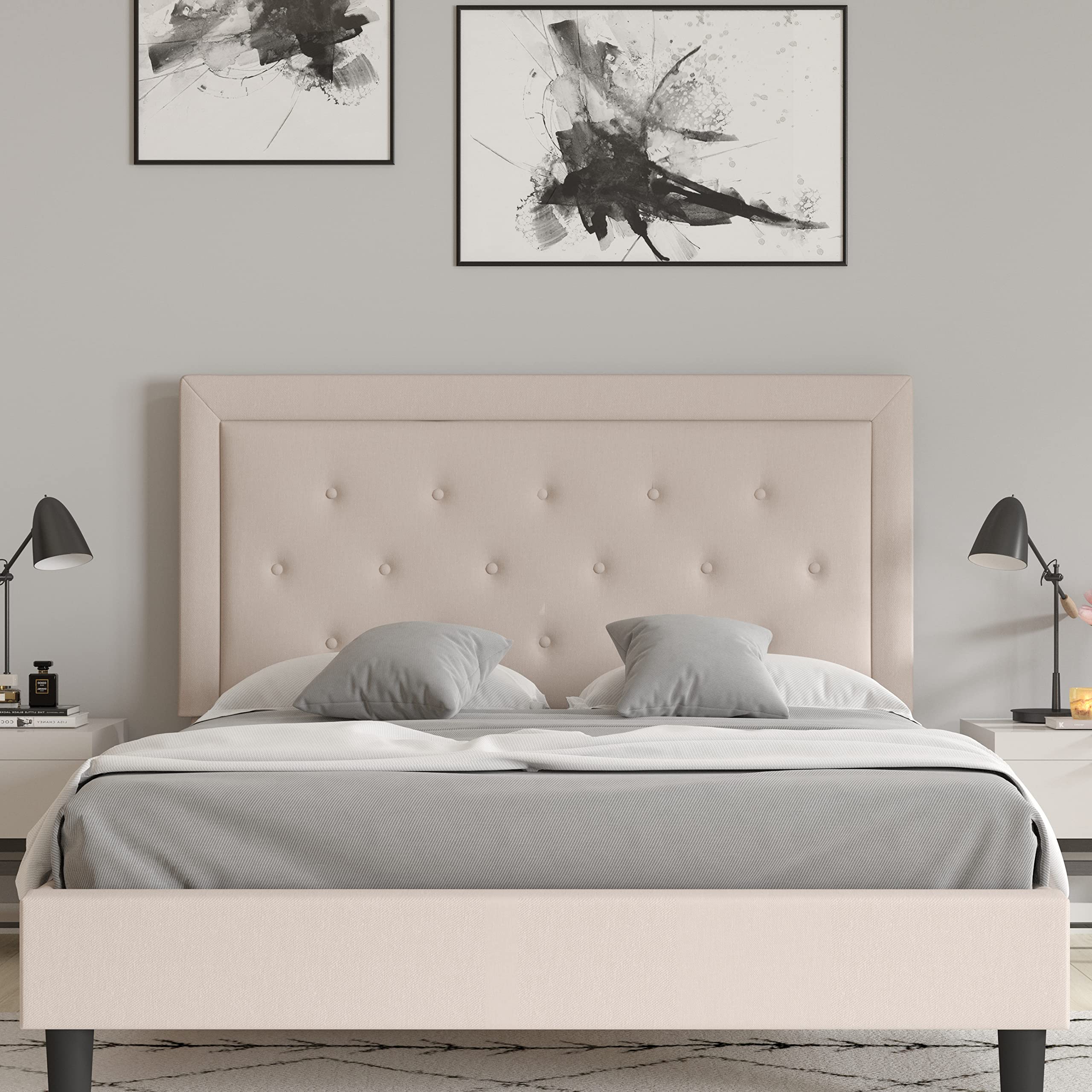 Merrick Lane Mallory Queen Size Upholstered Platform Bed with Tufted Headboard - Beige Fabric Bed Frame for Modern Bedroom Decor