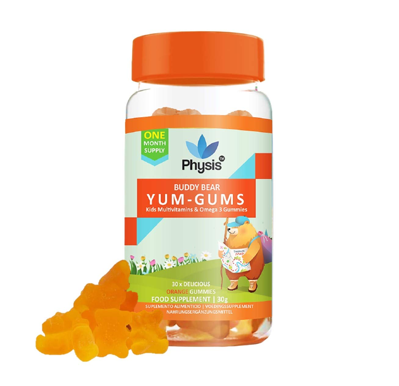 Physis Kids Multivitamin Gummies for Ages 2+ | 30 Orange Flavor Chewable Vitamins with Vitamin C, D, Omega 3 | Supports Children's Cognitive Development, Energy & Healthy Growth | Perfect for Daily Nutrition, Immune Support & Picky Eaters