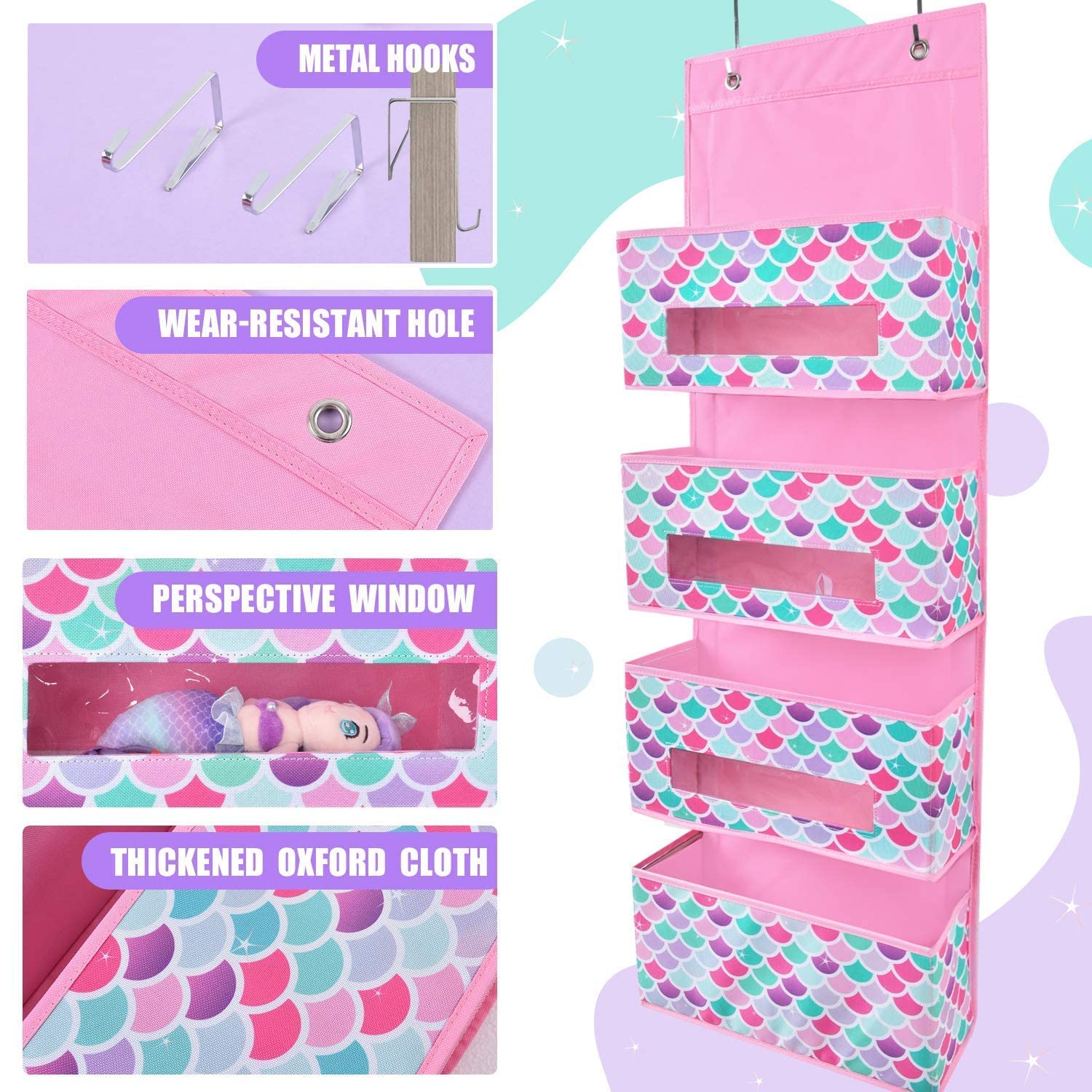 WERNNSAI Over Door Organizer with 4 Clear Pockets - Hanging Storage for Kids, Baby Clothes, Diapers & Pantry Items - Space Saving Nursery, Bedroom & Closet Decor - Perfect for Small Spaces & Home Organization