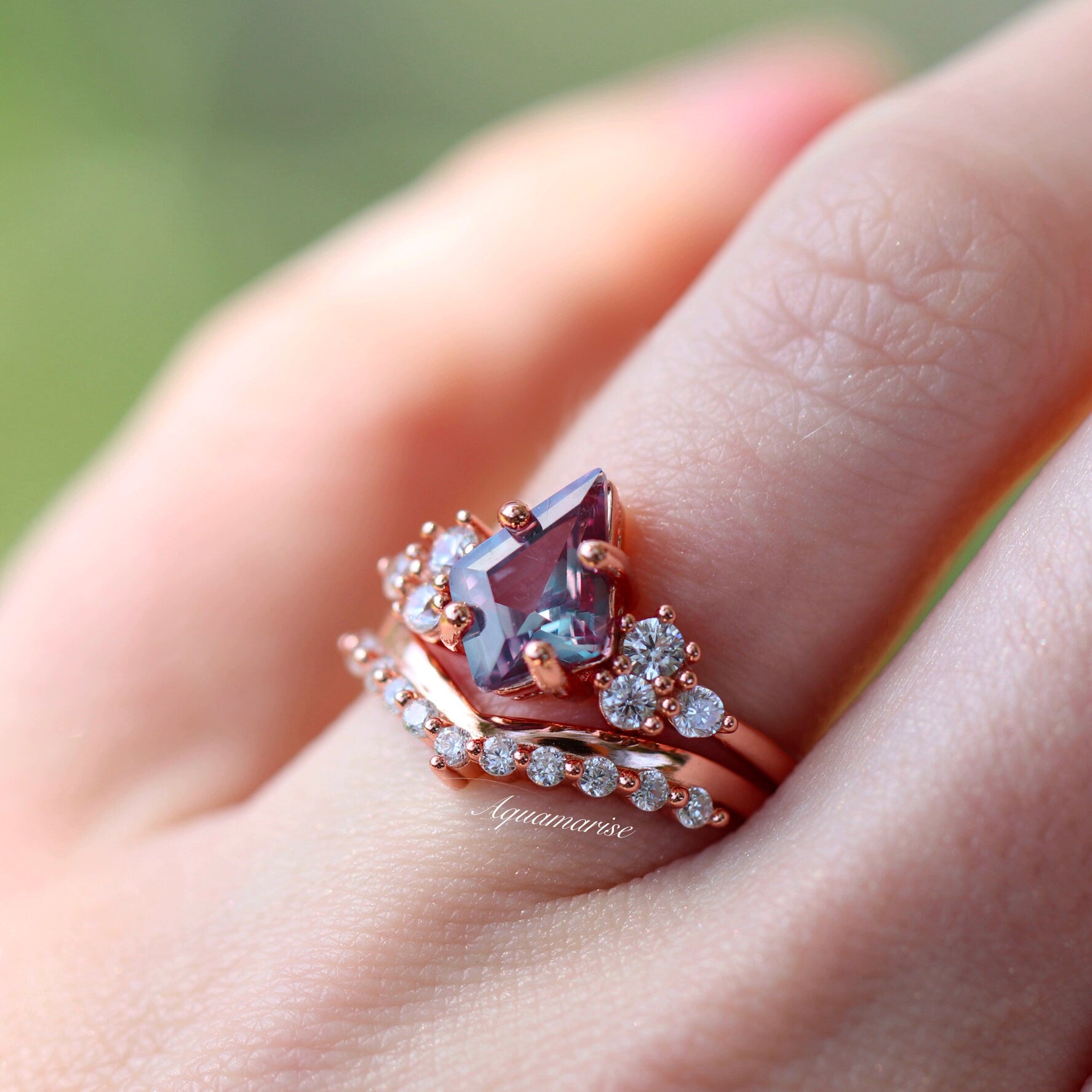 Skylar Alexandrite Ring Set - 14K Rose Gold Vermeil Stackable Rings for Women | Perfect for Engagement, Wedding, Anniversary & Everyday Wear