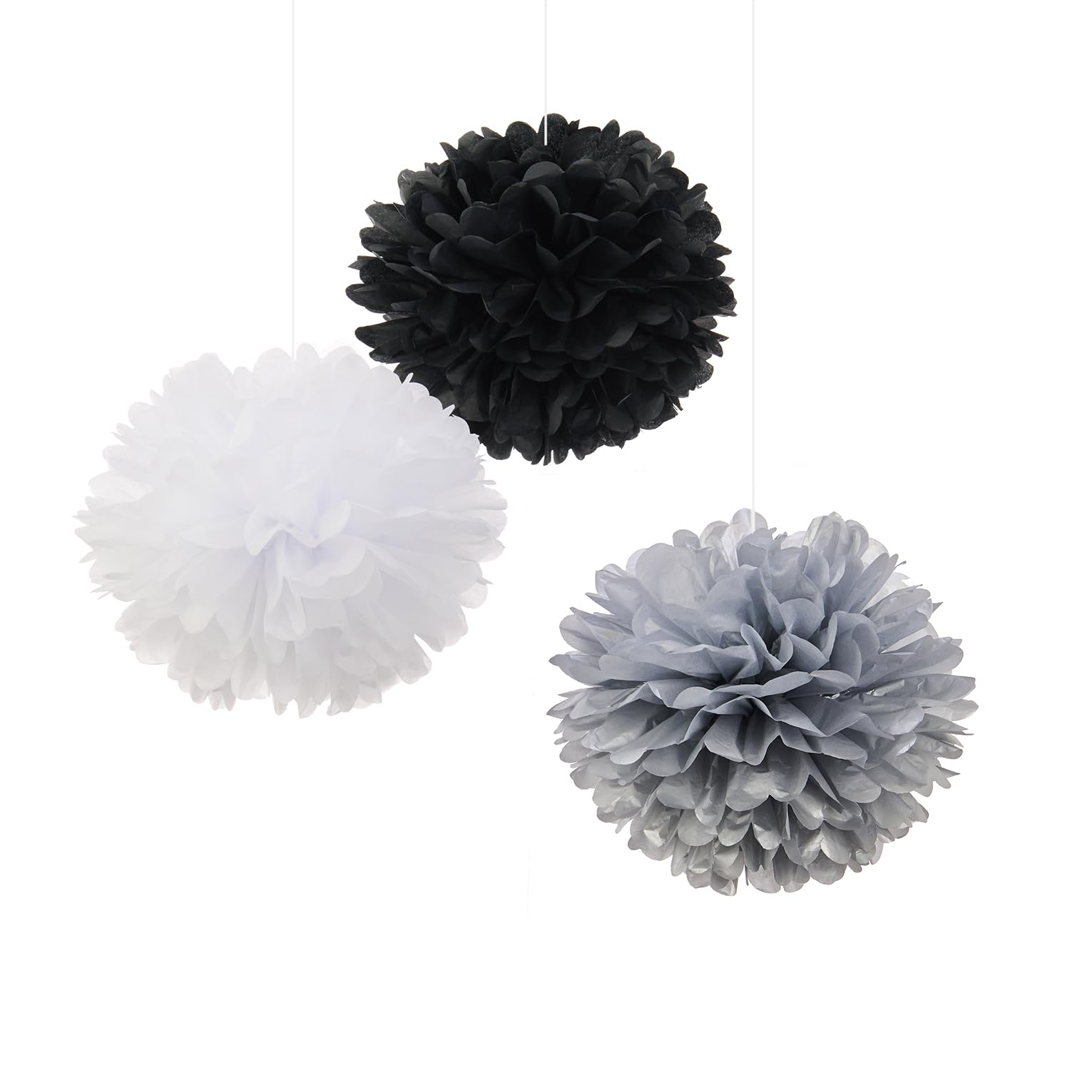 Premium 12-Inch Tissue Pom Poms - Black, White, Silver Party Decorations (Pack of 12) | DIY Tissue Paper Flowers & Fluff Balls for Weddings, Baby Showers & Home Decor