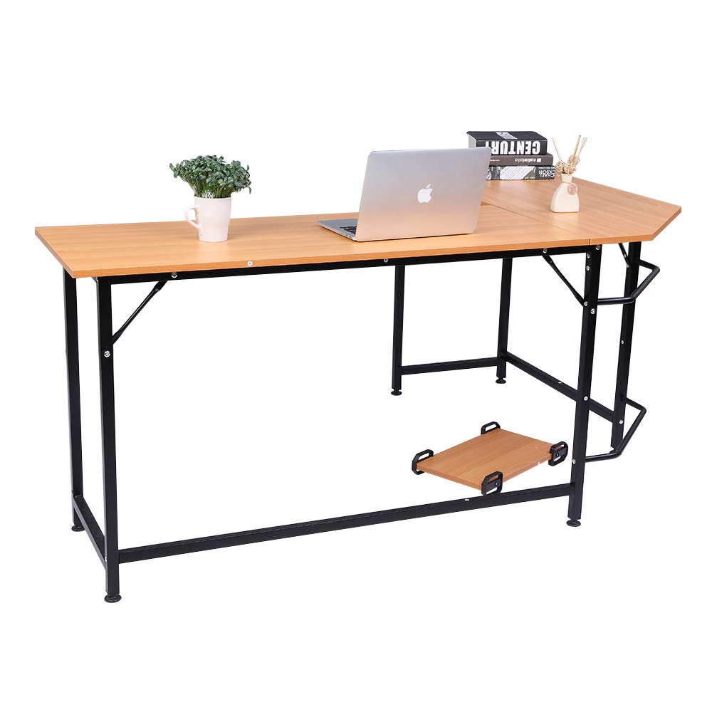 GUOXY L-Shaped Computer Desk with Storage Shelf - Solid Beech Wood Finish for Home Office, Gaming & Study - Ergonomic Workstation for Small Spaces