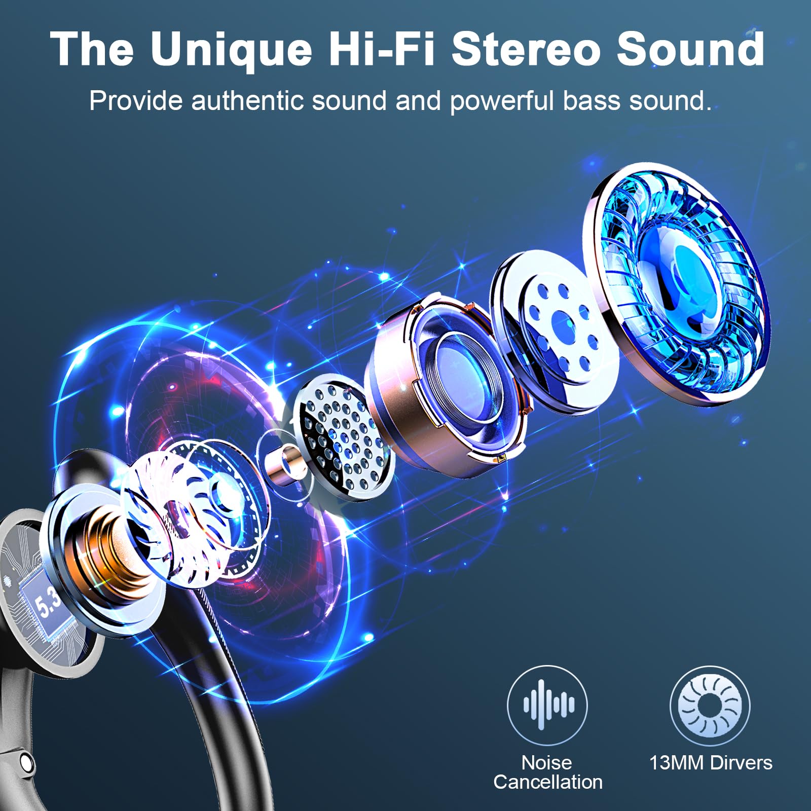 Wireless Bluetooth Earbuds with Earhooks - 50H Playtime, ENC Noise Canceling Mic, Deep Bass & IP7 Waterproof - Ideal for Running, Workout & Sports | Digital Display Case
