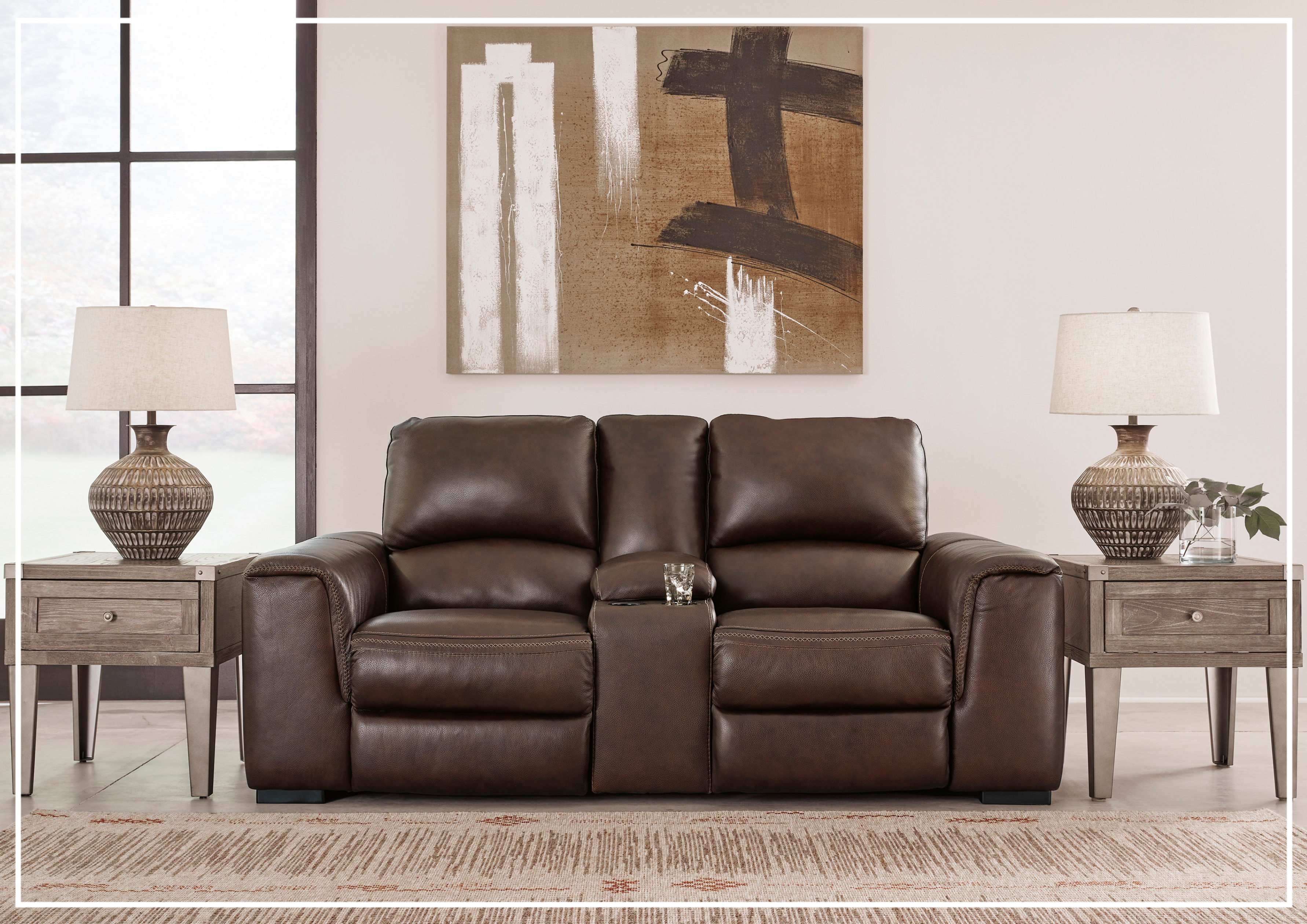 Adriano Dual Power Leather Reclining Loveseat with Console - Modern PU Leather Sofa with USB Charging & Cup Holders - Perfect for Living Room, Home Theater & Small Spaces