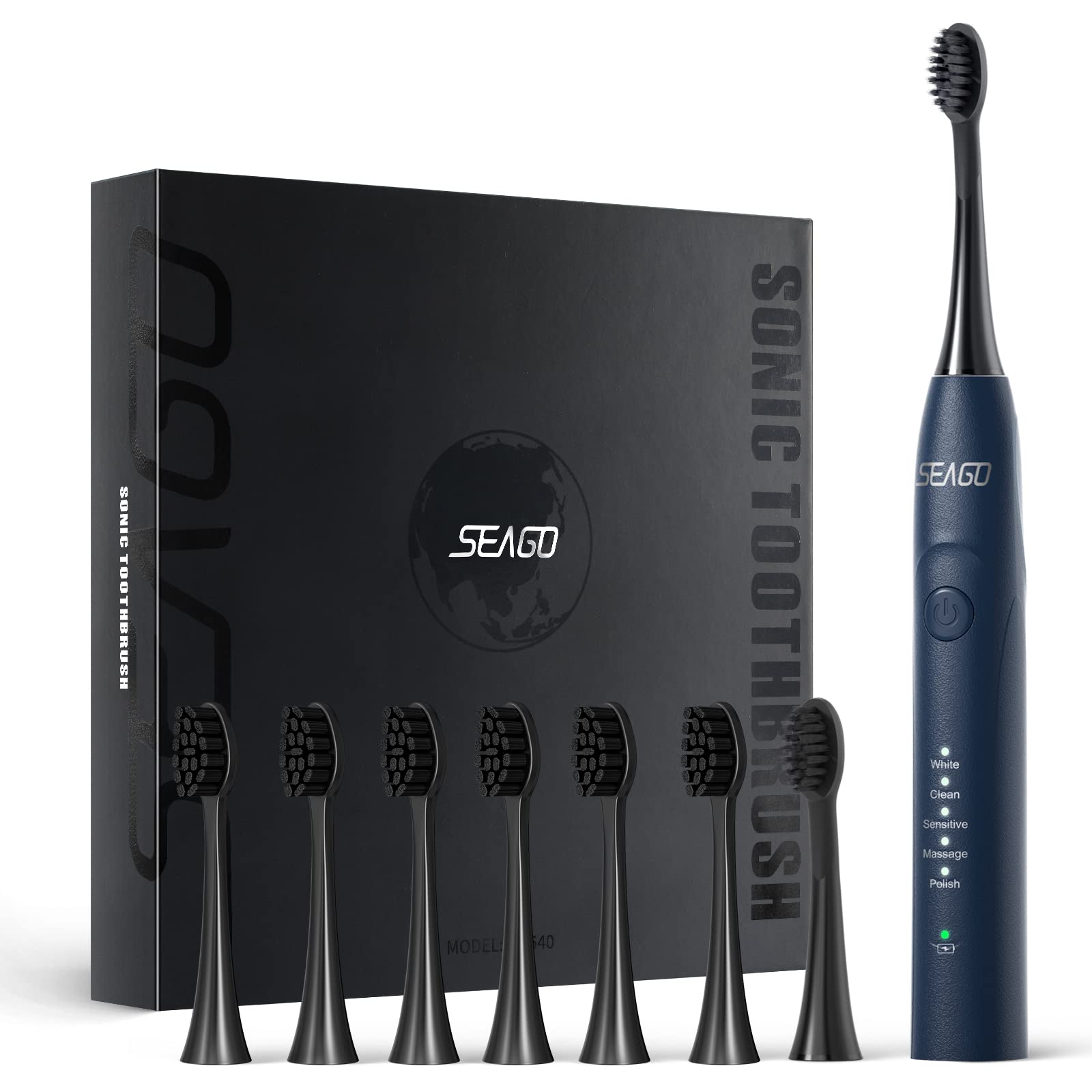SEAGO Rechargeable Electric Toothbrush for Adults - 5 Cleaning Modes, 2-Minute Timer, 30-Day Battery Life with 2 Brush Heads (Blue) - Perfect for Travel, Home & Daily Oral Care