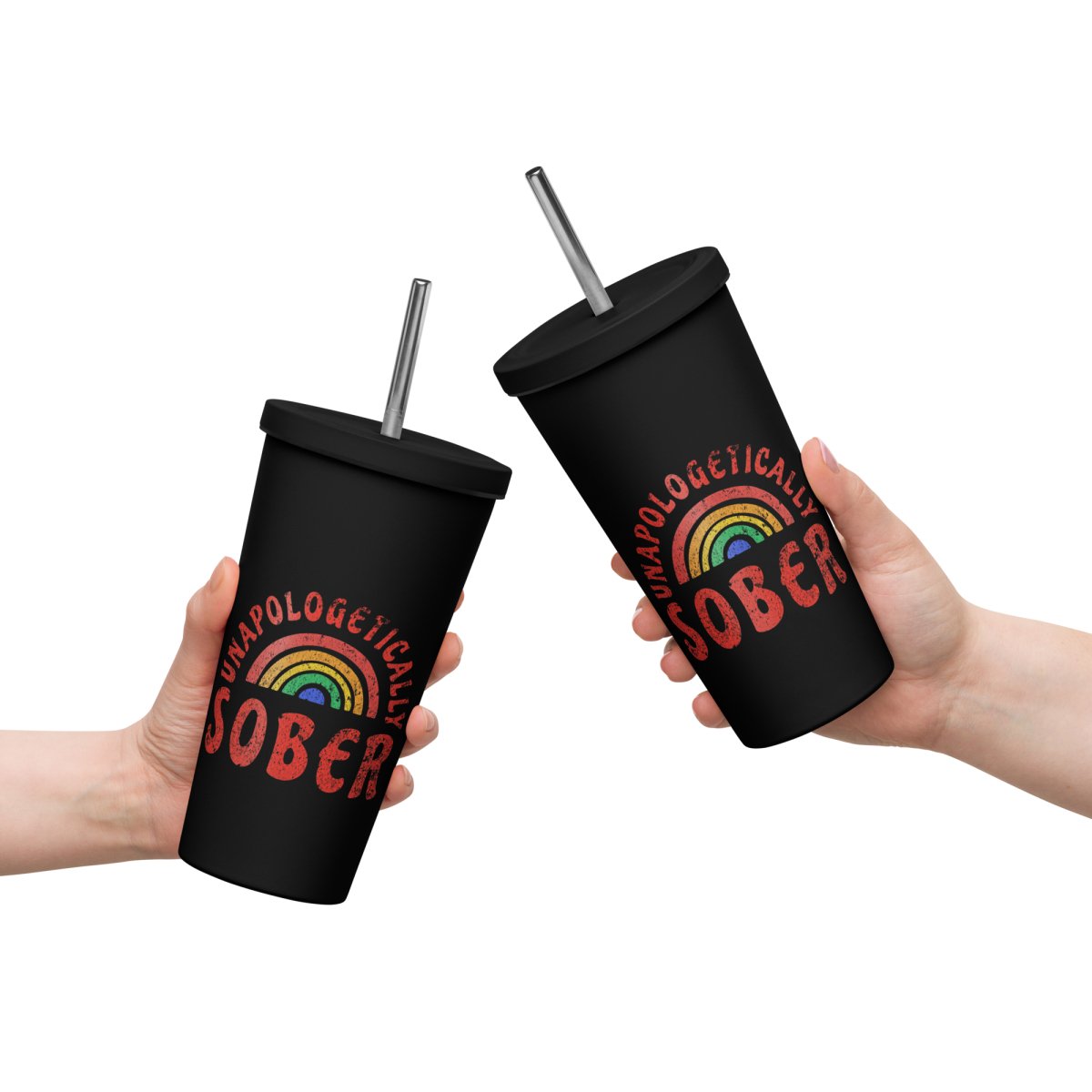 Unapologetically Sober Rainbow Insulated Tumbler - 20oz Stainless Steel Travel Mug with Lid & Straw - Perfect for Iced Coffee, Smoothies & Motivational Sobriety