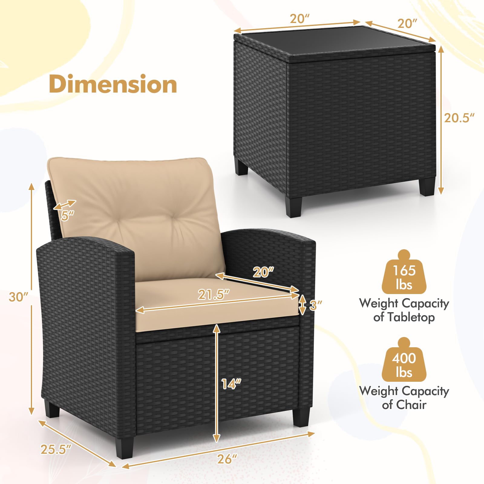 HAPPYGRILL 3-Piece PE Rattan Outdoor Patio Furniture Set with Tempered Glass Coffee Table & Washable Cushions - Wicker Bistro Sofa Conversation Set for Garden, Poolside, Balcony, Backyard (Beige) | Perfect for Relaxing, Entertaining & Outdoor Dining
