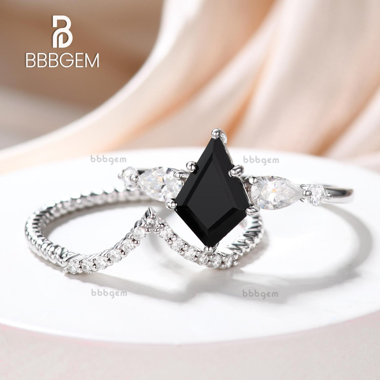 Geometric Black Onyx Ring & Kite Ring Set for Women - Stackable Diamond Band Jewelry for Everyday Wear, Gift Giving & Special Occasions