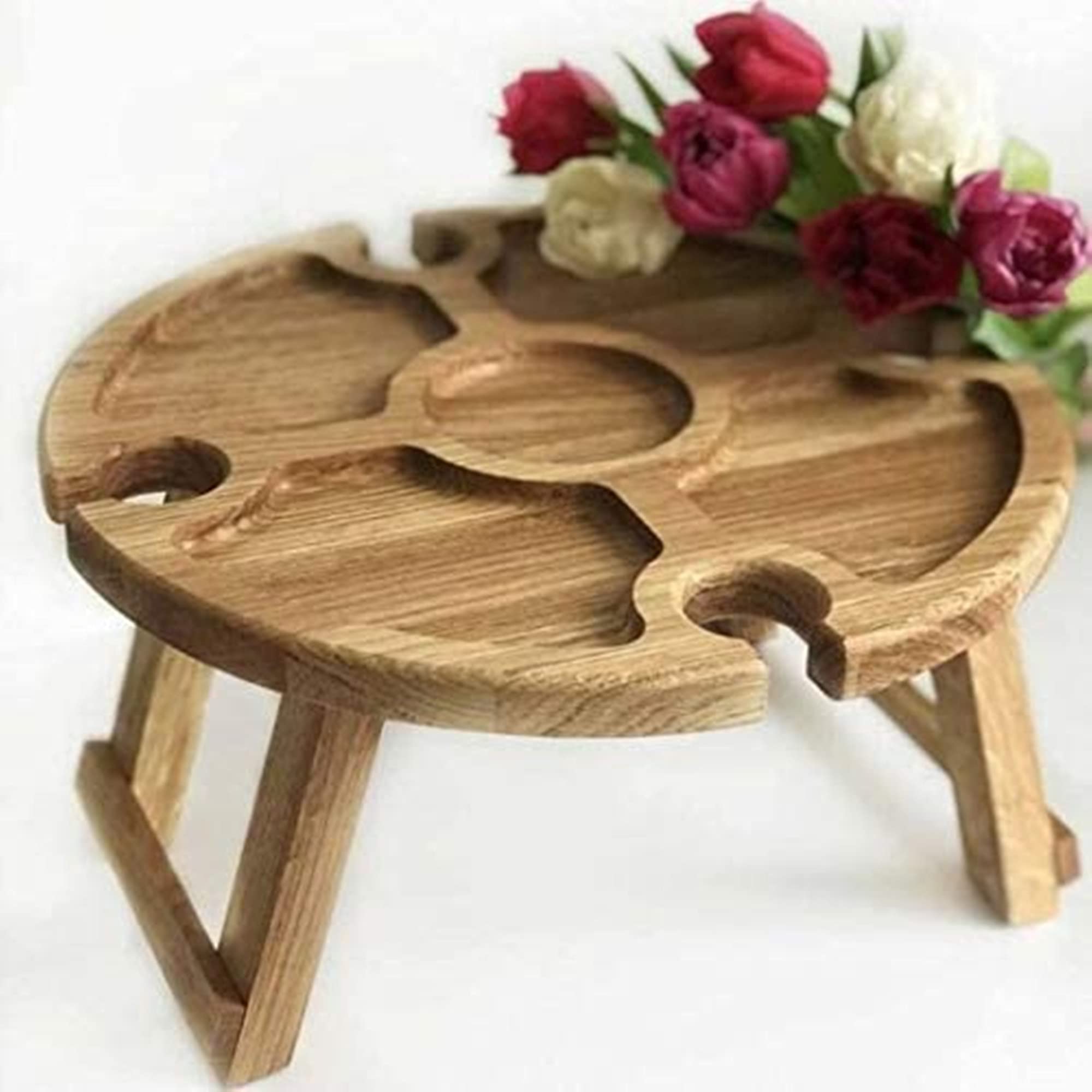 FMXYMC Folding Picnic Table with Glass Holder & Snack Tray - Portable Round Outdoor Wine Table for Beach, Garden, Camping, Travel | Perfect for BBQs, Parties & Outdoor Dining