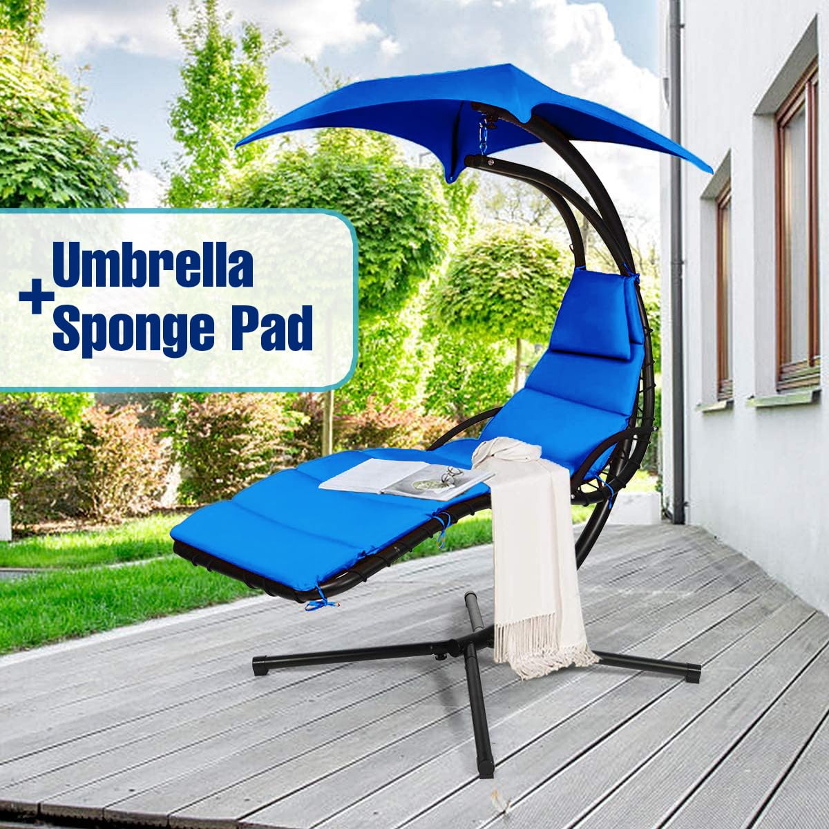 Weatherproof Replacement Cushion Pad & Umbrella Set for Outdoor Hanging Lounge Chair - Fade-Resistant, Quick-Dry, Durable Hammock Chair Accessories - Perfect for Patio, Poolside, Garden Relaxation - Blue