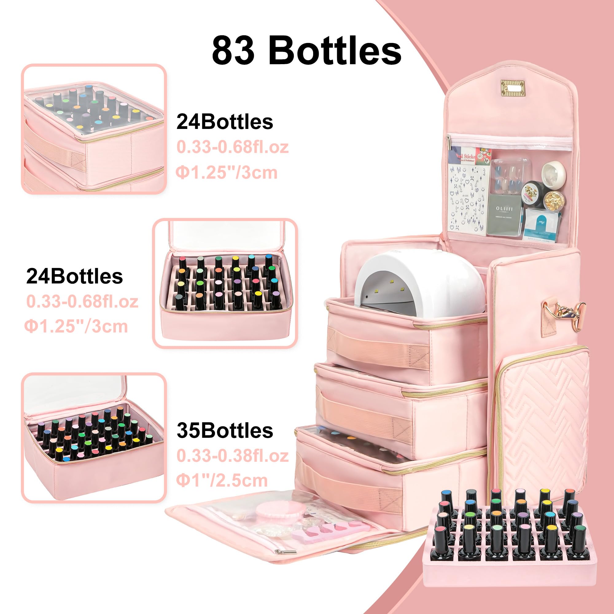 Leudes Large Pink Nail Polish Holder Organizer - Storage Case for 83 Bottles (0.33-0.68 fl.oz) with Nail Dryer, 3 Removable Pouches & Tools Storage Sections - Perfect for Salon Professionals & Home Manicure Kits