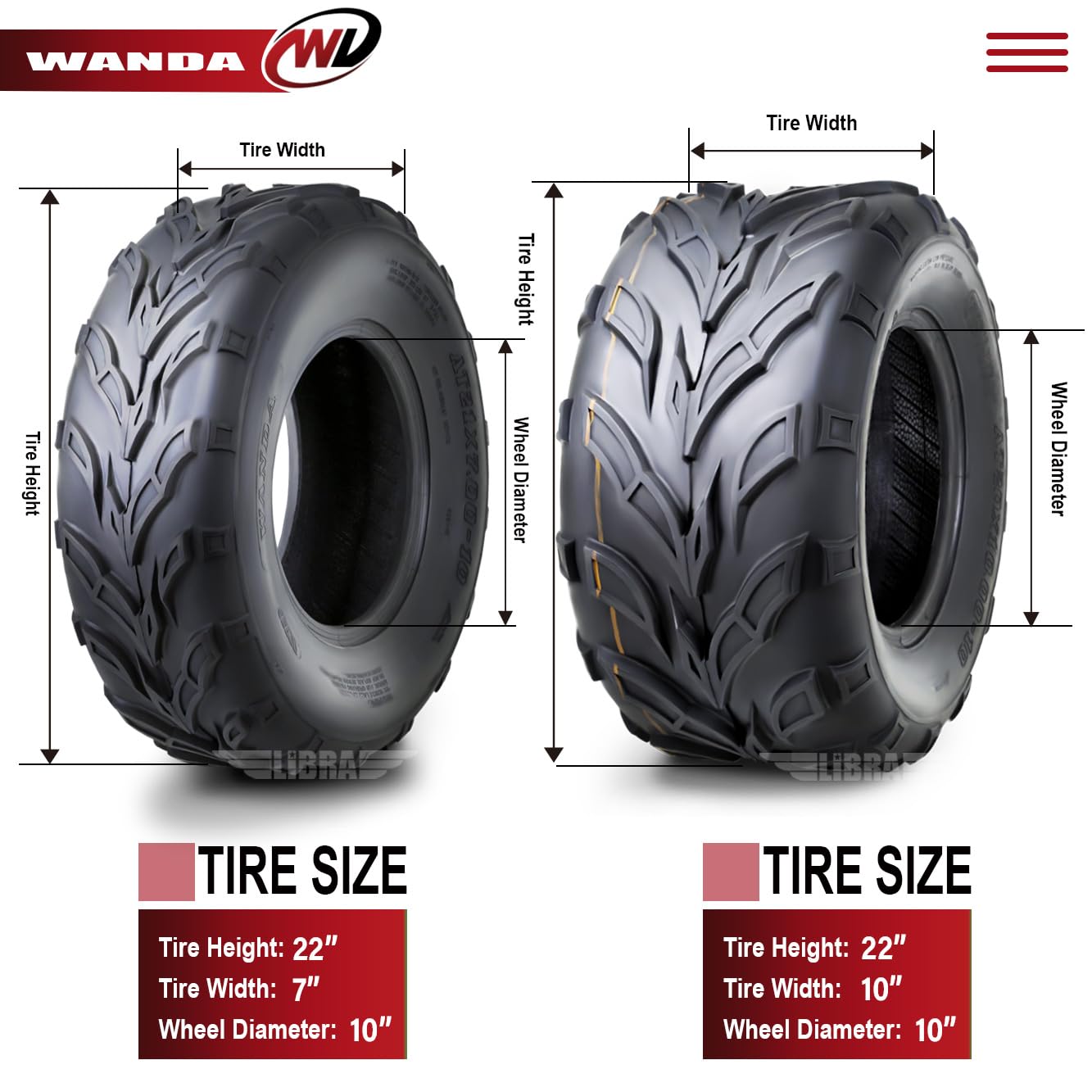 **WANDA 22x7-10 & 22x10-10 ATV Tires Complete Set for Yamaha Big Bear 250 & Bruin 250 Sport - Off-Road, Mud, Trail Riding**