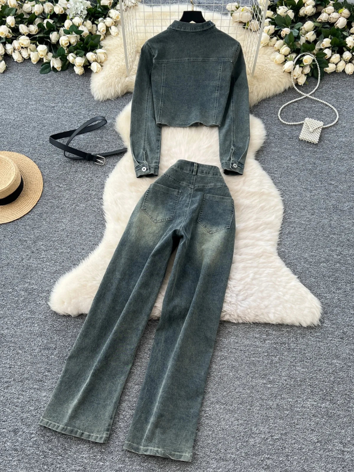 Vintage Blue Denim Two-Piece Set for Women - Single Breasted Lapel Long Sleeve Coat & High Waist Wide Leg Jeans | Fall Fashion, Casual Outfits, Retro Style, Everyday Wear