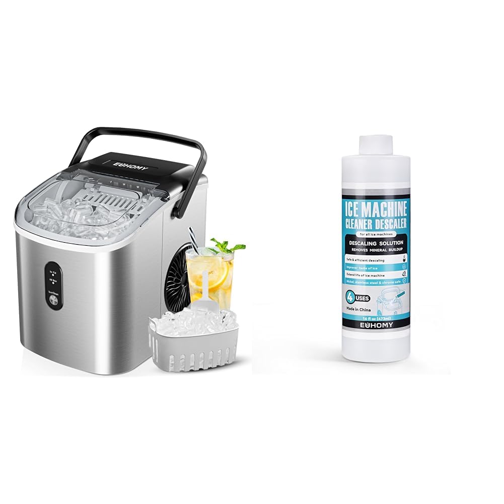 EUHOMY Portable Countertop Ice Maker Machine - 26.3lbs Daily Output, Makes 9 Ice Cubes in 6 Minutes | Includes 16oz Ice Machine Cleaner Descaler (4 Uses) | Perfect for Home Bars, Parties, RVs and Office Use