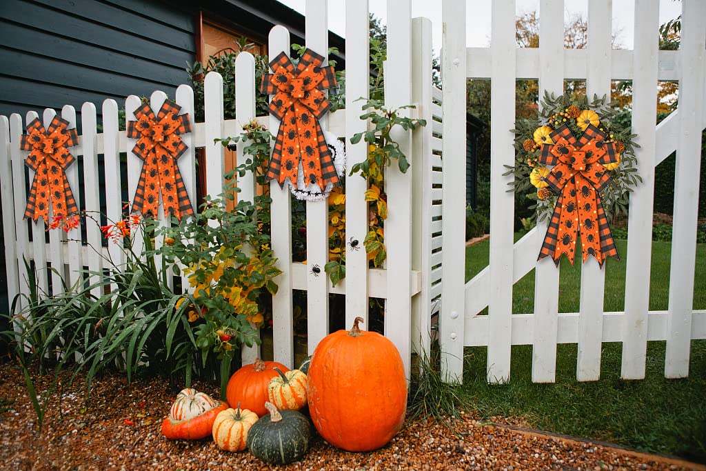 Large Halloween Bows for Wreaths - Black Buffalo Plaid & Orange Burlap Spider Wreath Bows | Holiday Tree Topper & Front Door Decor for Halloween Party | Perfect for DIY Wreaths, Gift Wrapping & Seasonal Home Decor