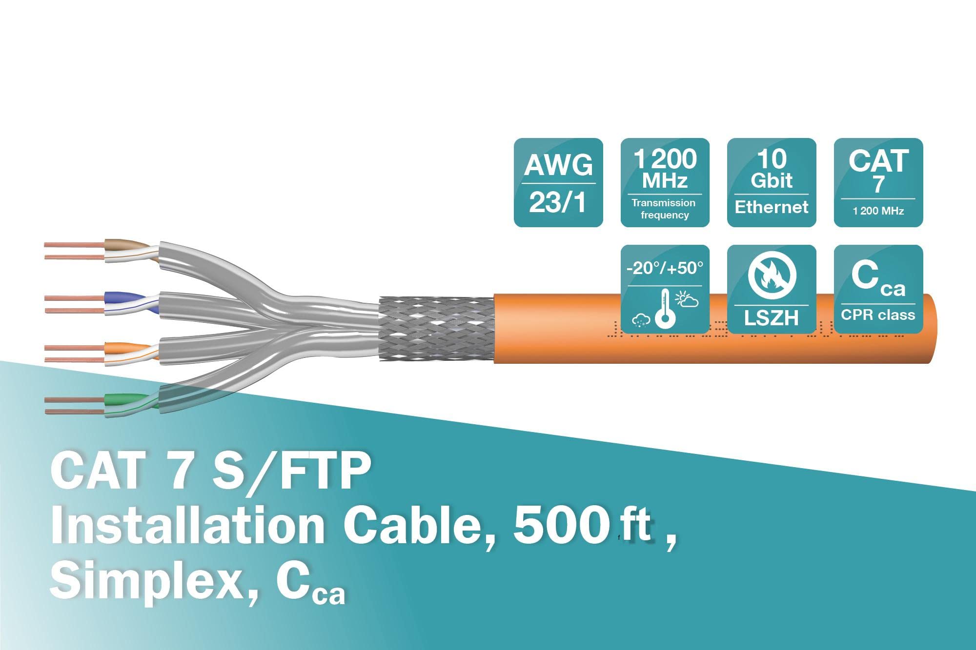 Sunnytech CAT7 500ft S-FTP LSZH Ethernet Cable - 1200MHz 10GBase-T, 23AWG Solid GHMT Certified (Blue, Drum Pack) - High-Speed Networking for Offices, Data Centers & Smart Homes