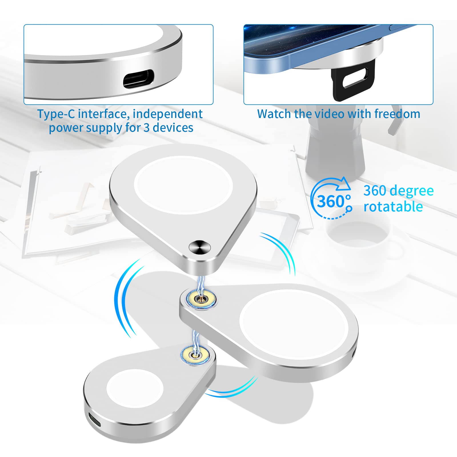 3 in 1 Detachable Magnetic Wireless Charger Stand - 15W Fast Charging Station for iPhone 13/12/11, Apple Watch SE/6/5/4/3/2 & AirPods Pro/2 (Silver) | Foldable Design for Nightstand, Office & Travel Use