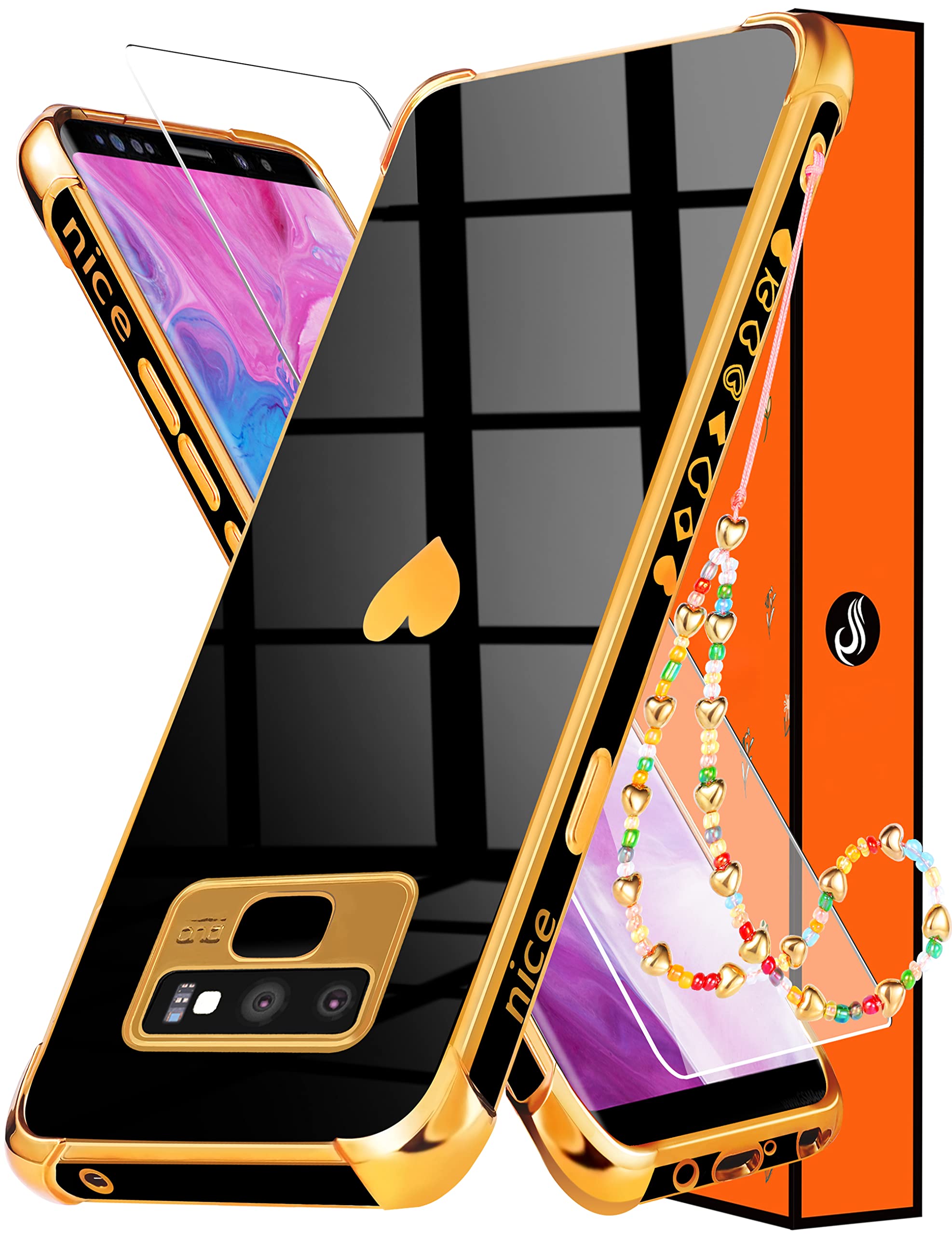 2in1 Luxury Samsung Galaxy Note 9 Case with Screen Protector & Chain - Elegant Black & Gold Plating Heart Design for Women & Girls | Trendy Aesthetic Protection for 6.4