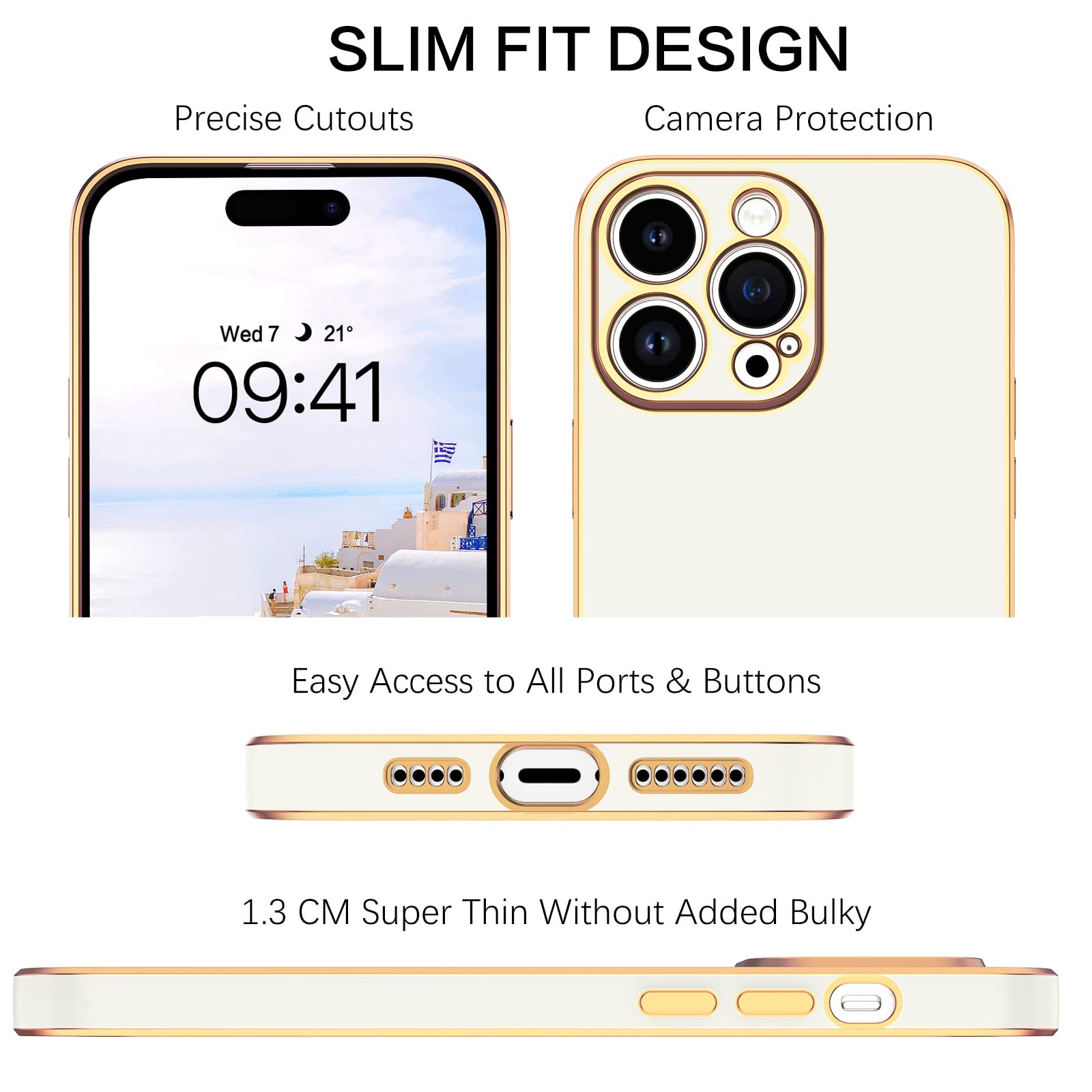 BENTOBEN iPhone 14 Pro Max Case 6.7 Inch - Slim Luxury Electroplated Bumper Protective Soft Cover with Strap for Women & Men (White/Gold) | Perfect for Work, Travel & Everyday Use